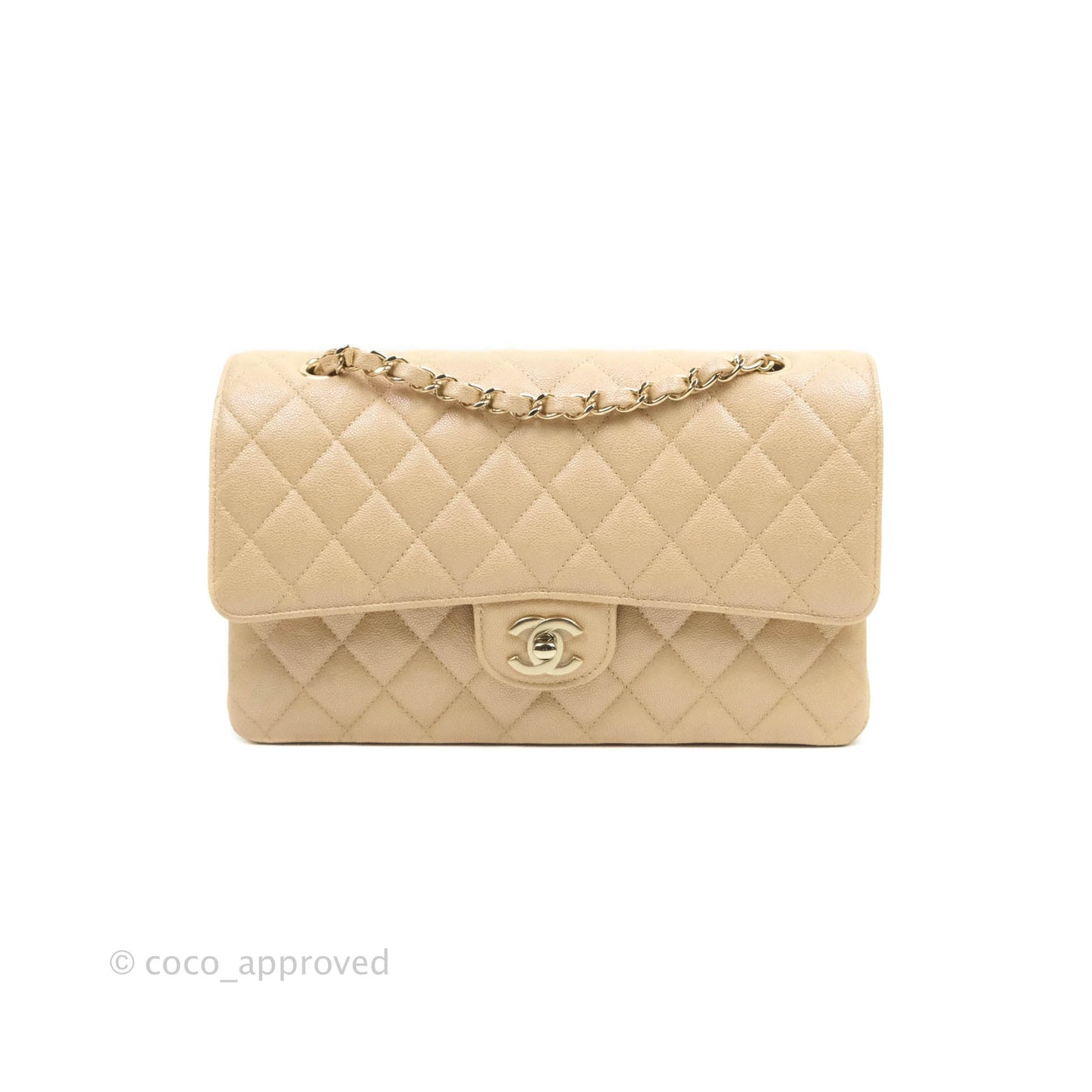 Chanel Classic Medium Flap Quilted Iridescent Beige Caviar Gold Hardware 19S