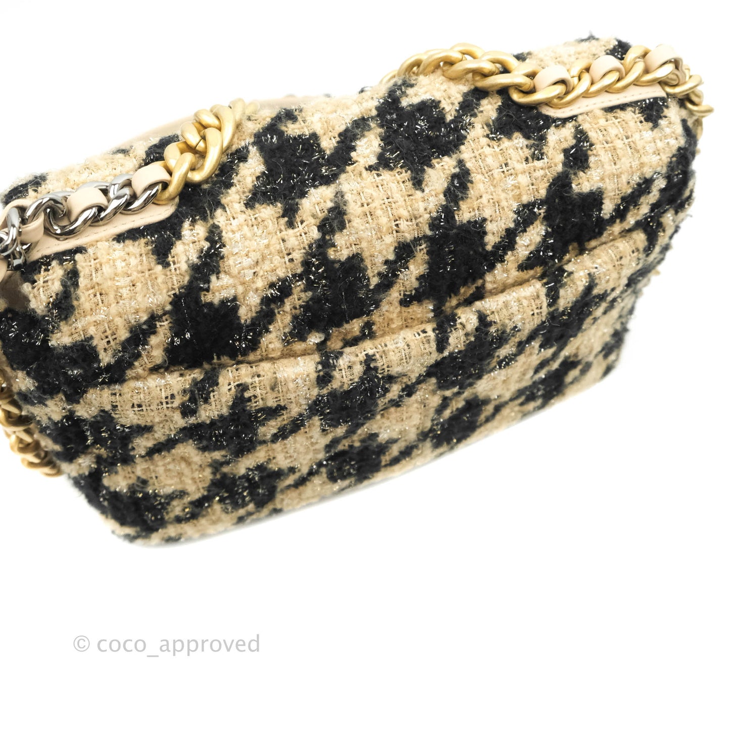 Chanel 19 Small Tweed Houndstooth Black Beige Mixed Hardware