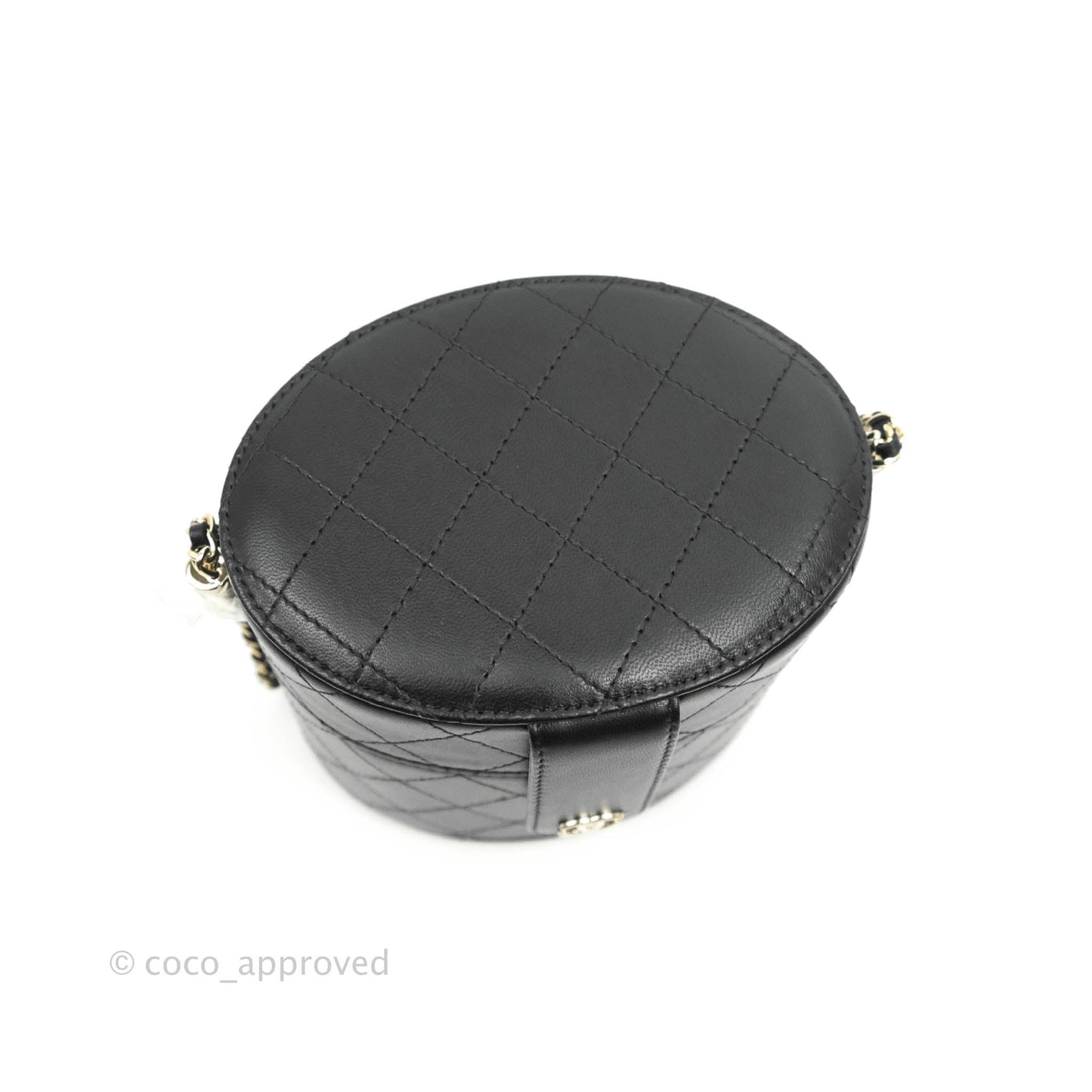 Chanel Quilted Round Vanity Clutch With Chain Black Lambskin Gold Hardware