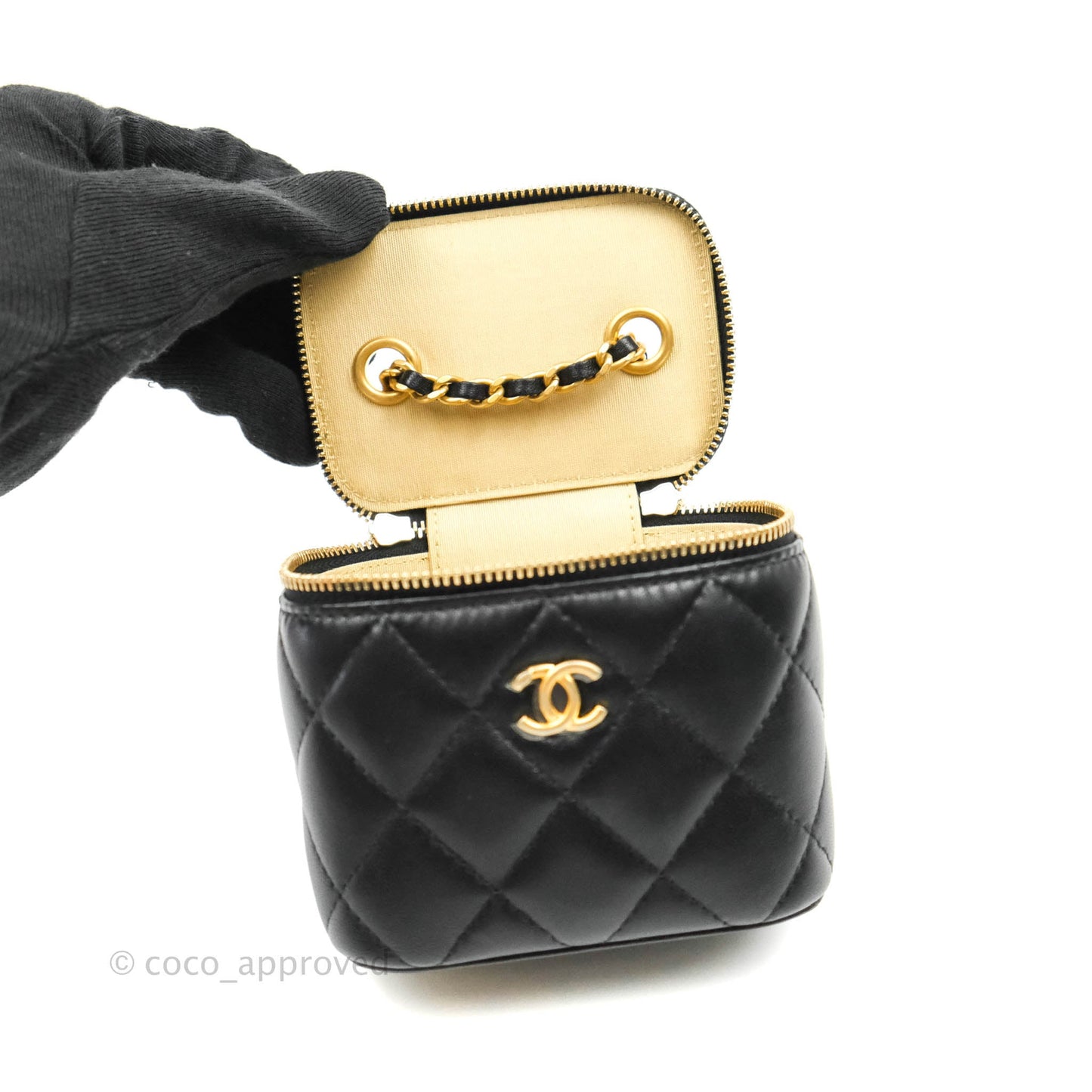 Chanel Classic Mini Pearl Crush Vanity With Chain Black Lambskin Aged Gold Hardware