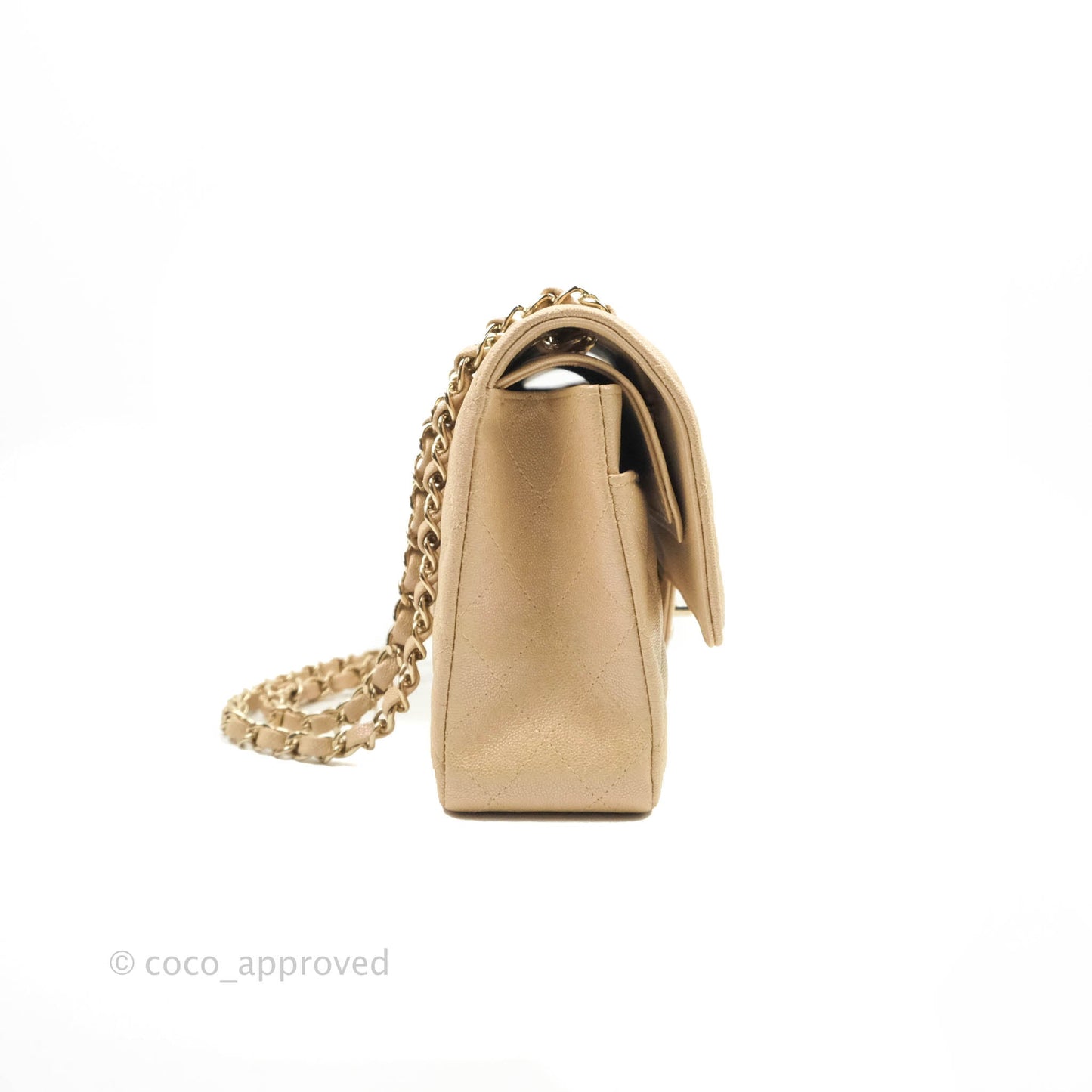 Chanel Classic Medium Flap Quilted Iridescent Beige Caviar Gold Hardware 19S