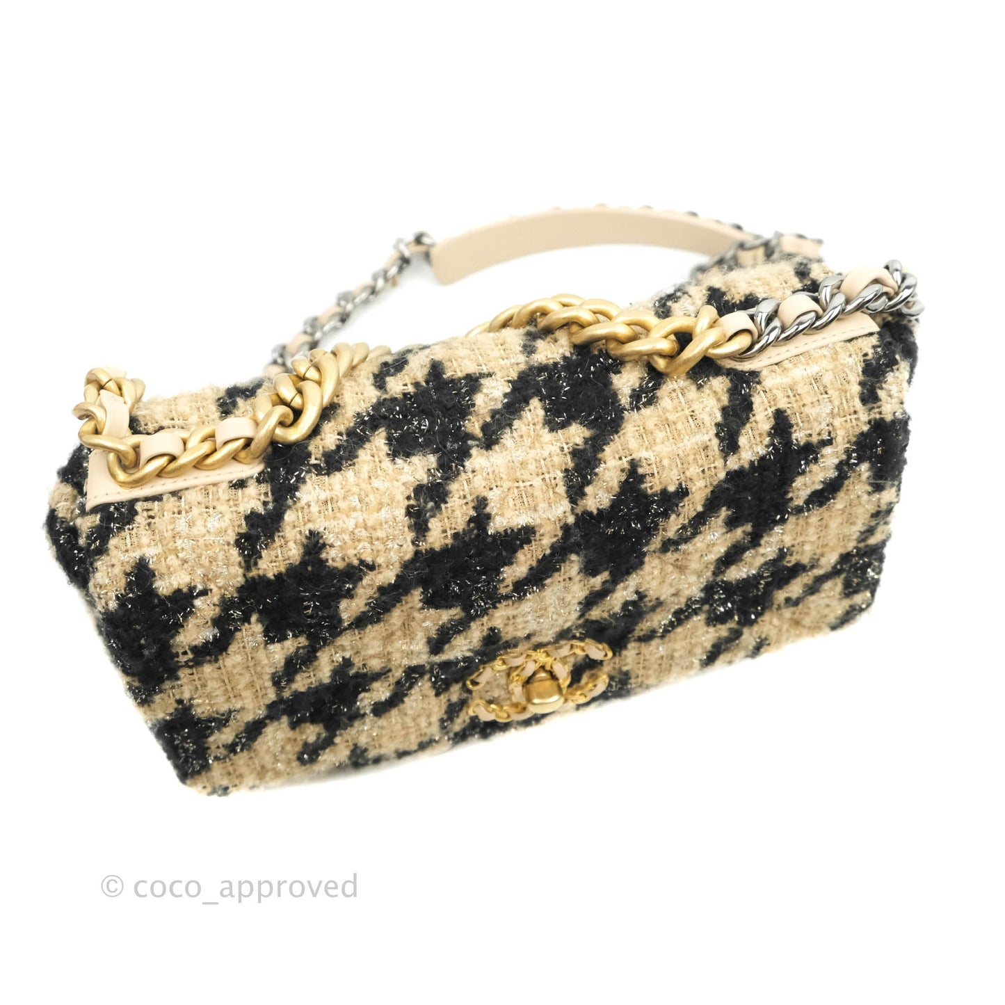 Chanel 19 Small Tweed Houndstooth Black Beige Mixed Hardware