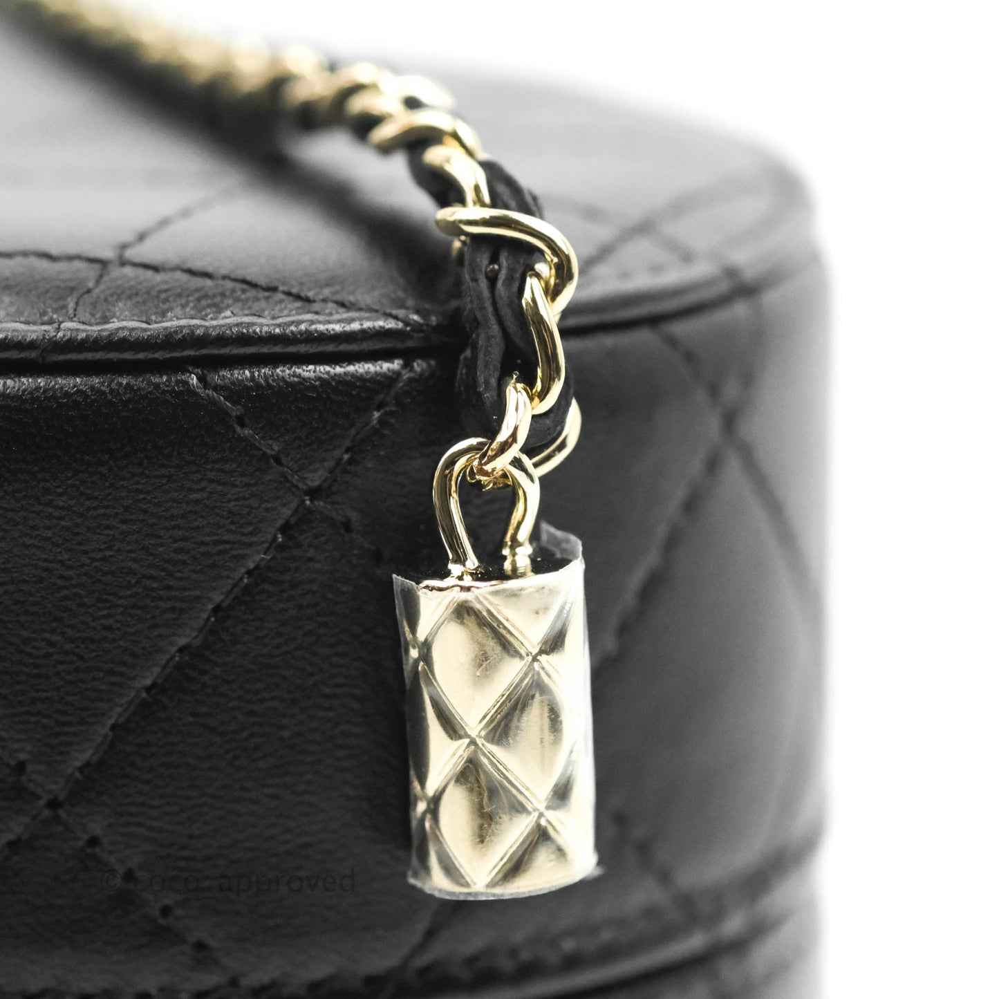 Chanel Quilted Round Vanity Clutch With Chain Black Lambskin Gold Hardware
