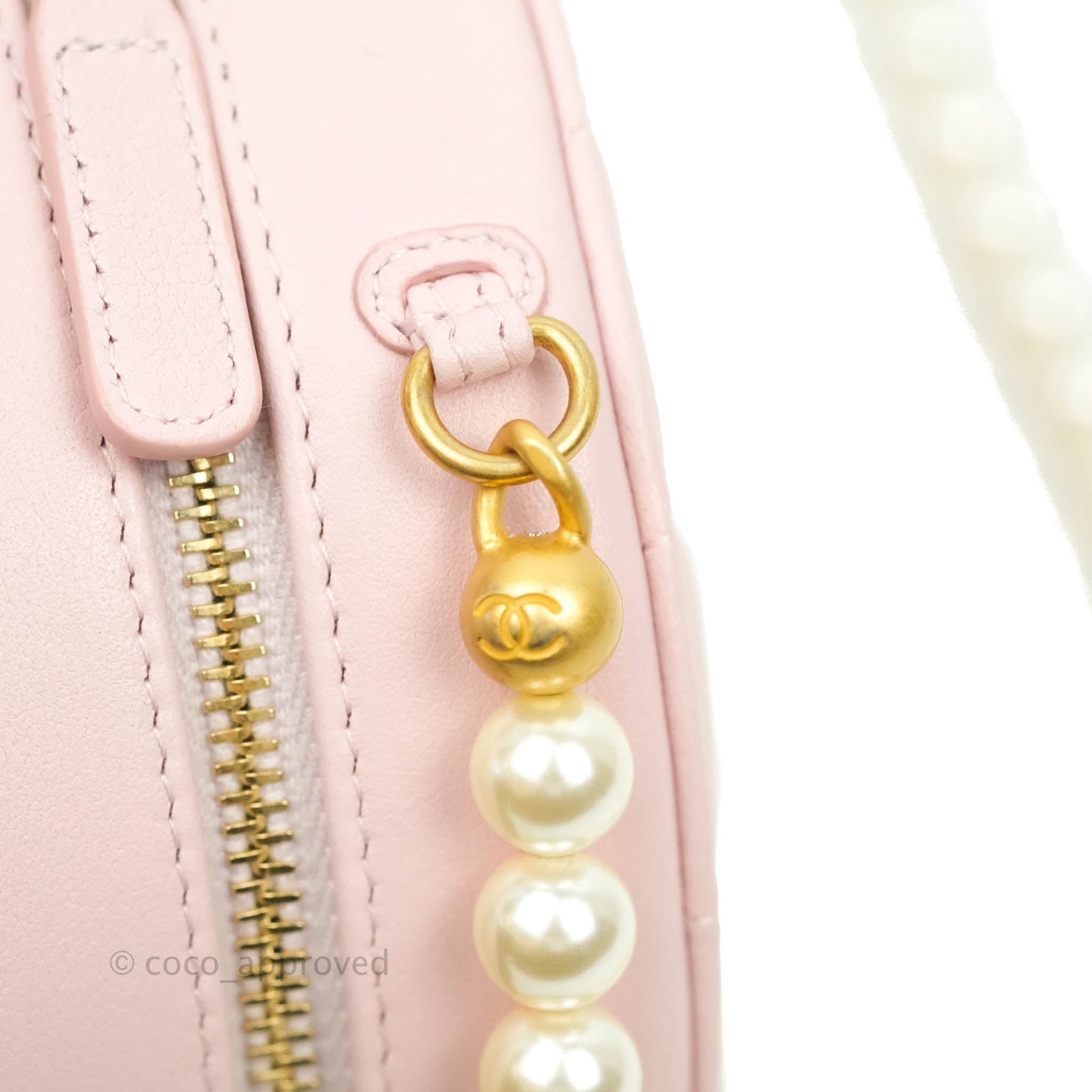 Chanel Quilted Round Clutch with Pearl Chain Light Pink Calfskin Aged Gold Hardware 21S