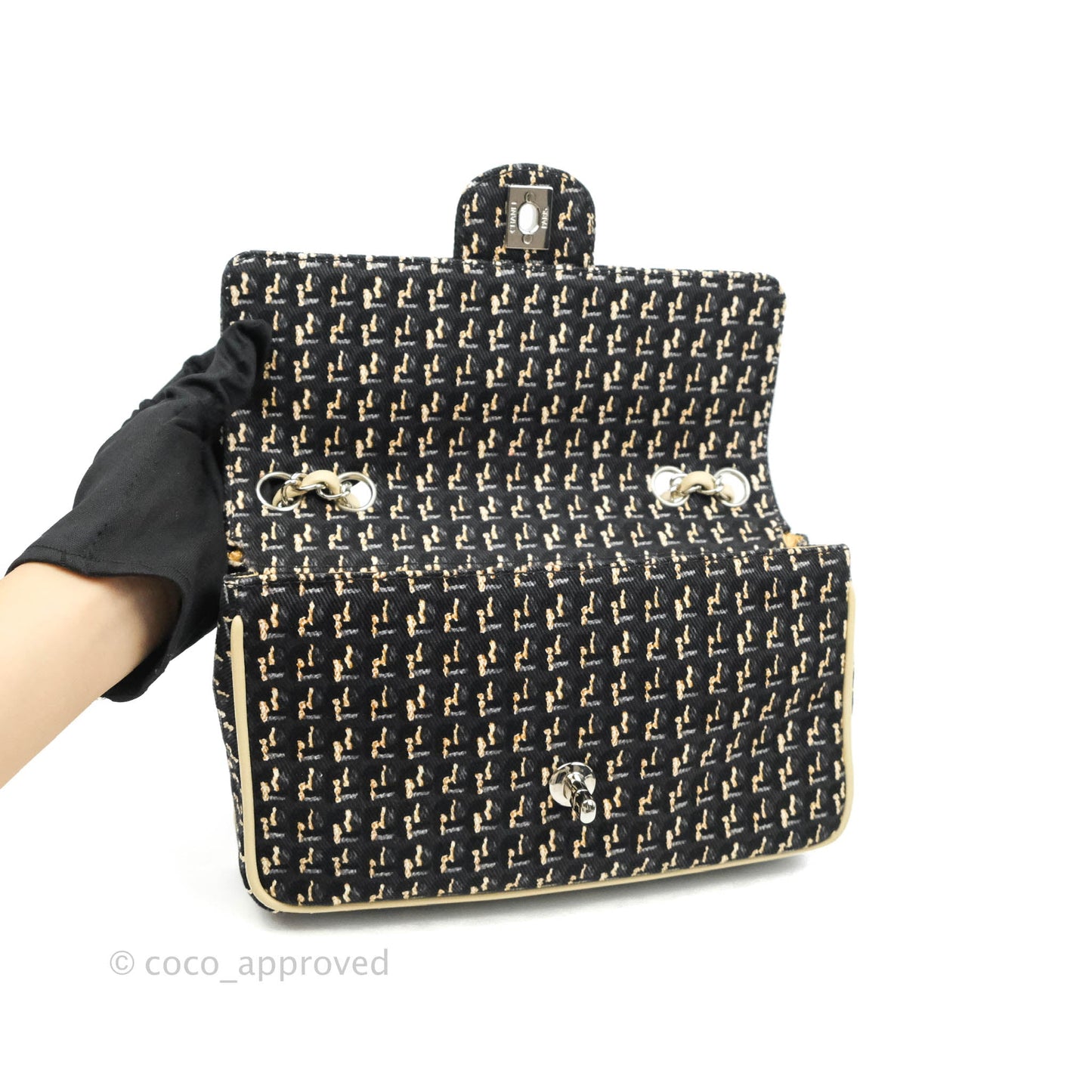 Chanel Small Print Beige Grey Denim Flap Bag Silver Hardware