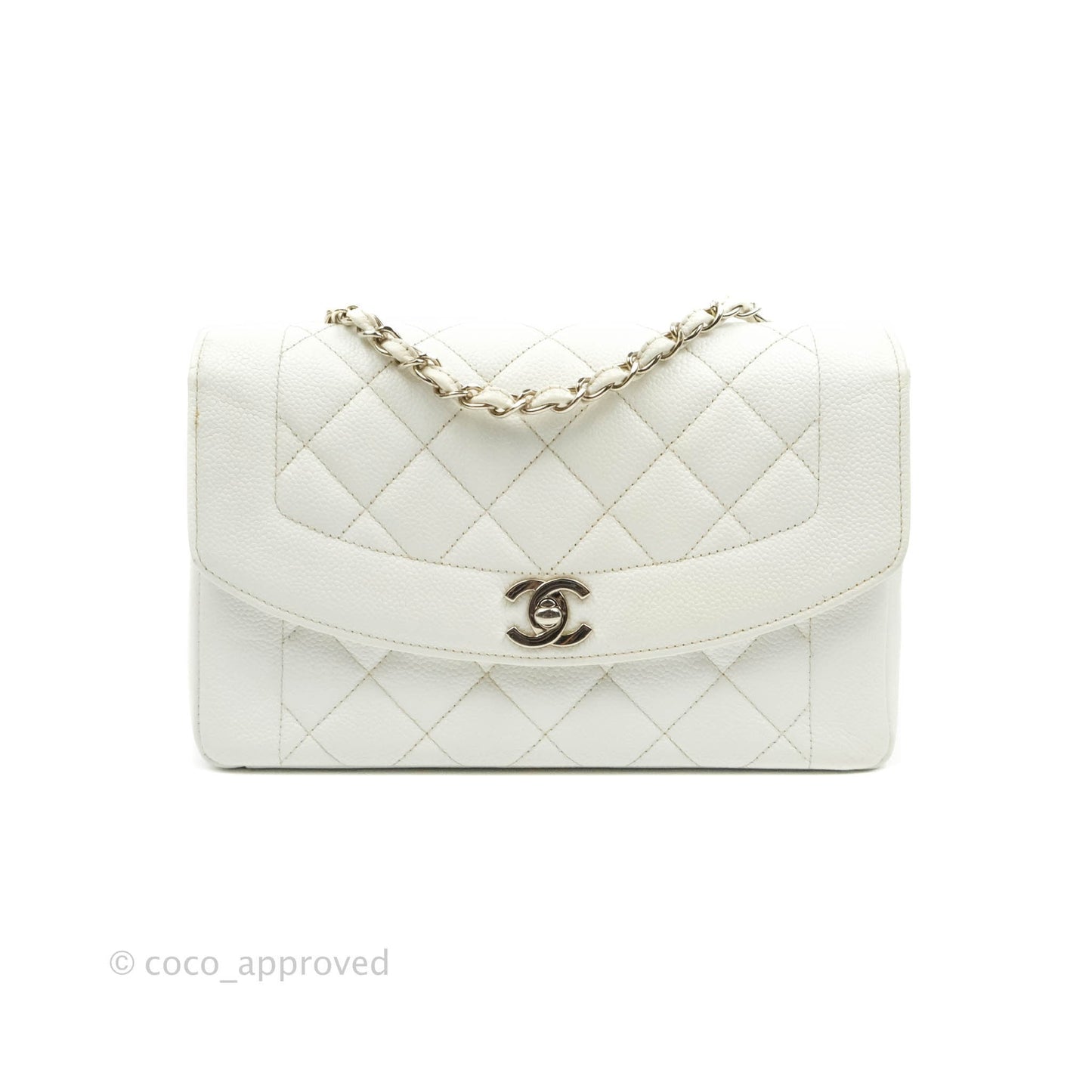 Chanel Vintage Medium Classic Quilted Diana Flap Bag White Caviar Silver Hardware