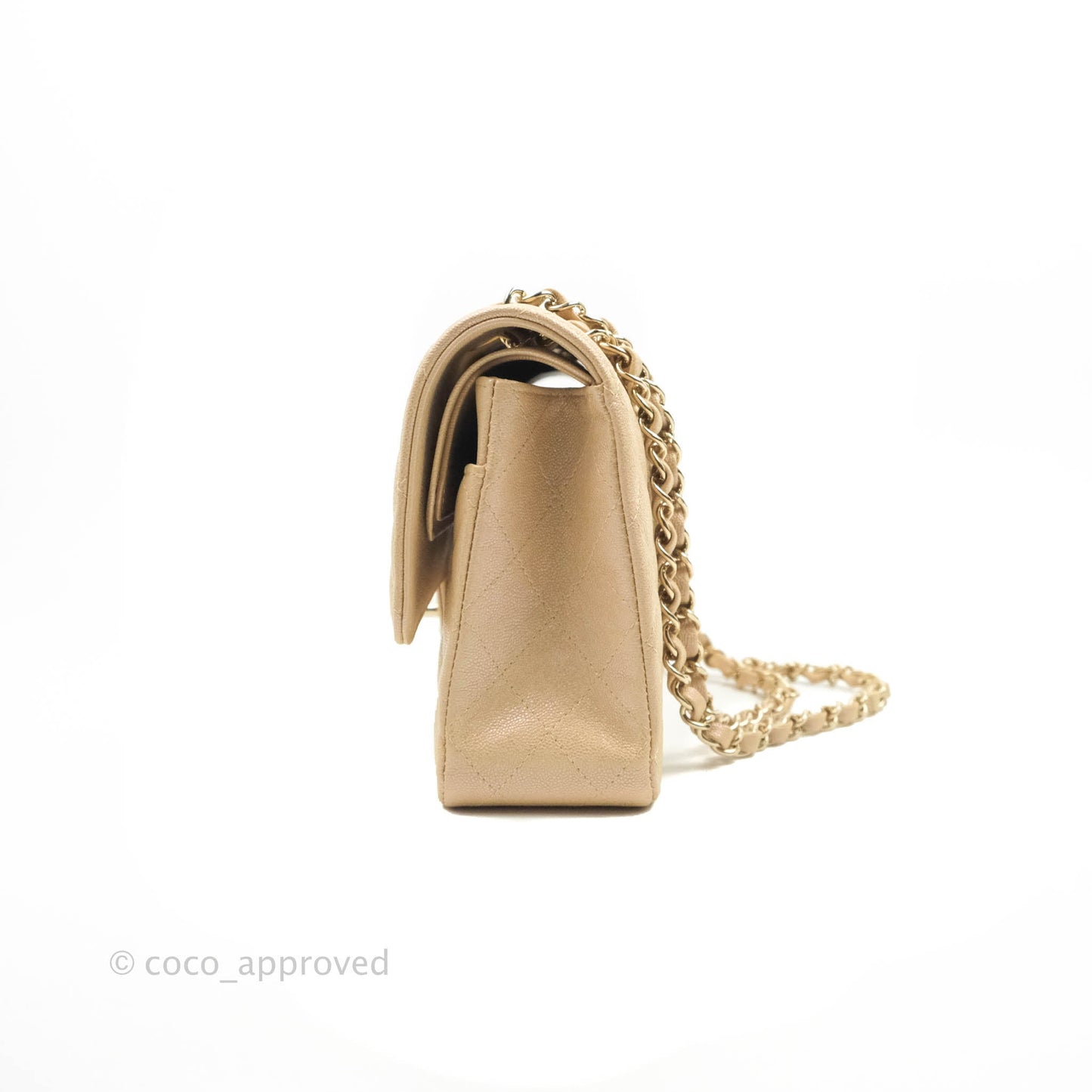 Chanel Classic Medium Flap Quilted Iridescent Beige Caviar Gold Hardware 19S