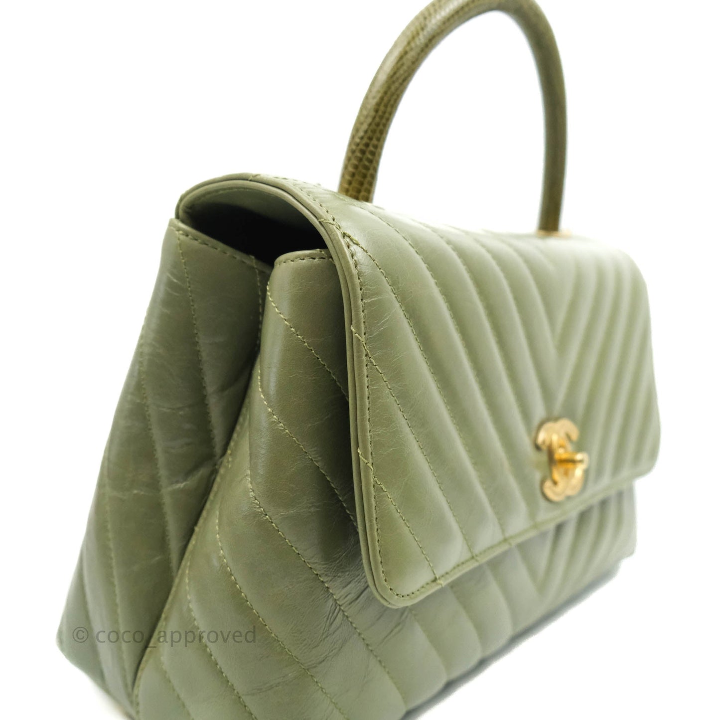 Chanel Medium (Small) Chevron Coco Handle Flap Olive Crumpled Calfskin Aged Gold Hardware Lizard Handle