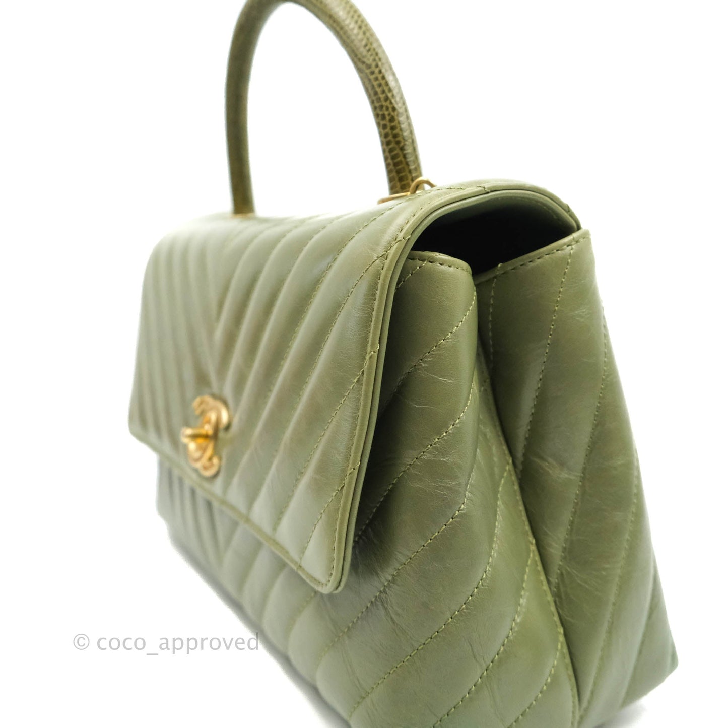 Chanel Medium (Small) Chevron Coco Handle Flap Olive Crumpled Calfskin Aged Gold Hardware Lizard Handle