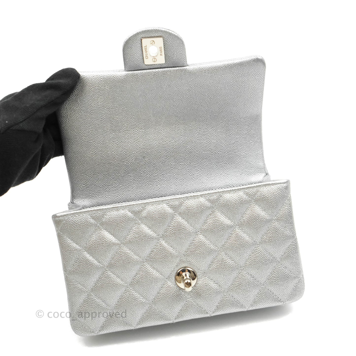 Chanel Top Handle Mini Rectangular Flap Bag Silver Caviar Silver Hardware