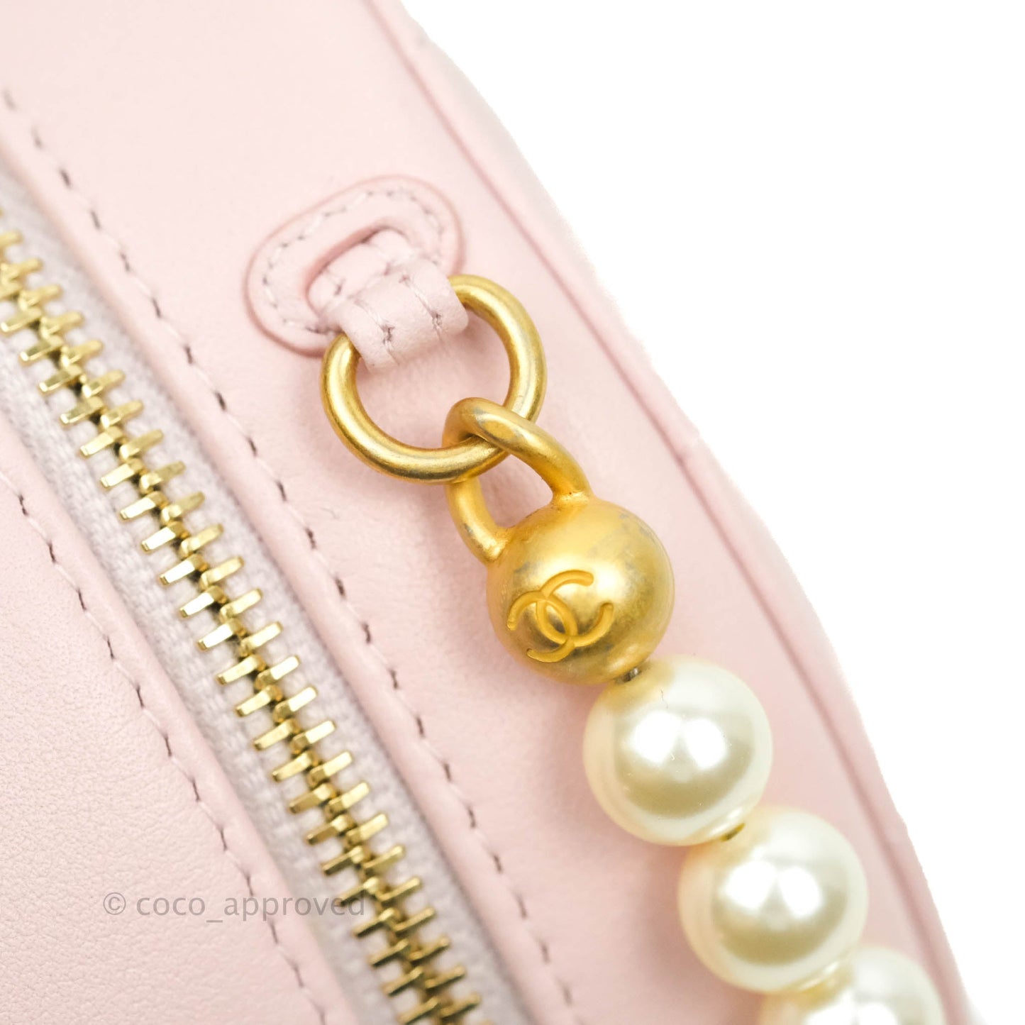 Chanel Quilted Round Clutch with Pearl Chain Light Pink Calfskin Aged Gold Hardware 21S
