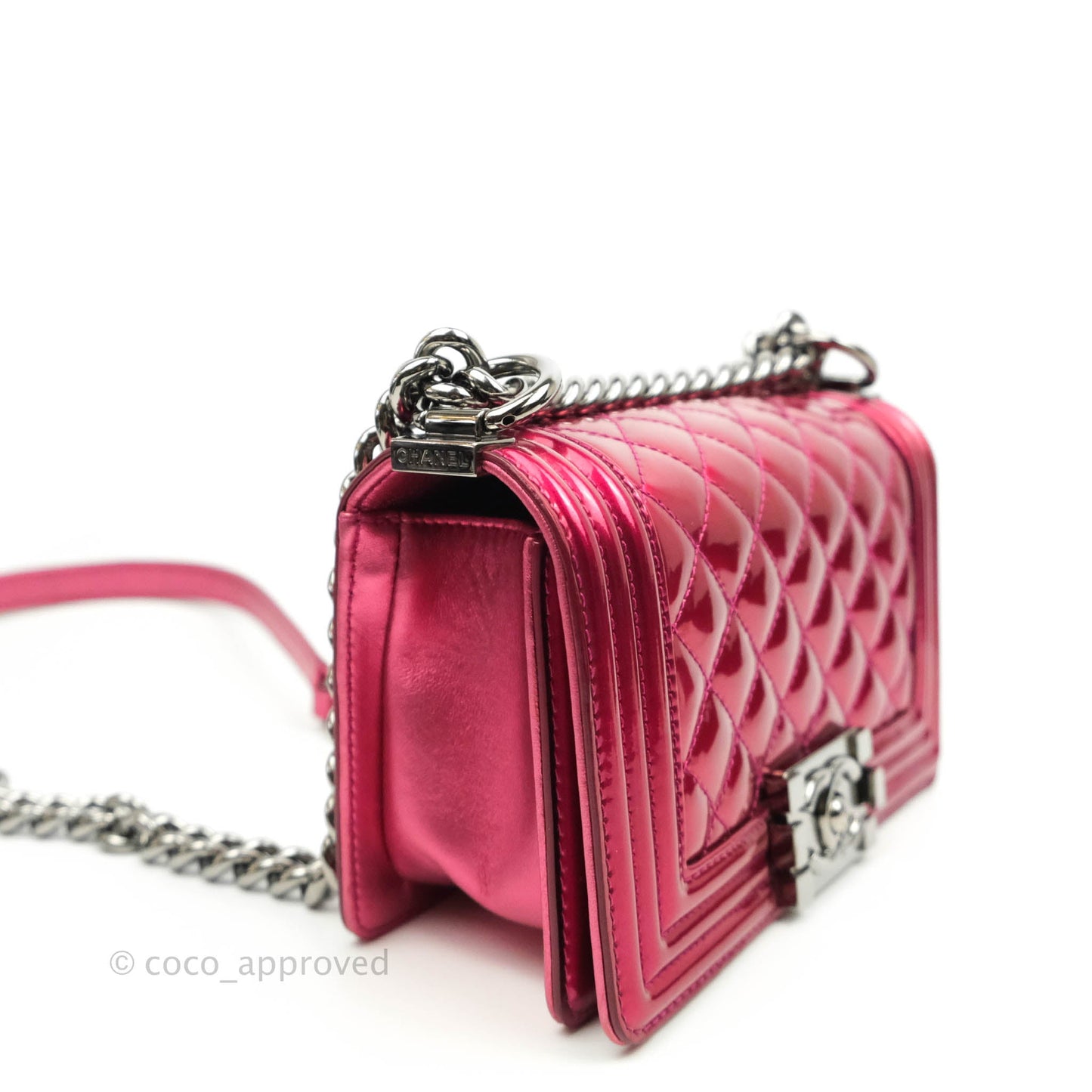 Chanel Quilted Small Boy Metallic Pink Patent & Lambskin Gun Metal