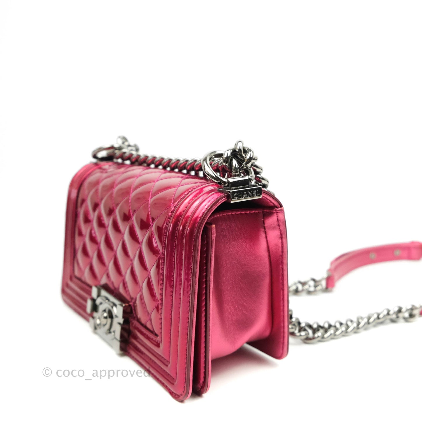 Chanel Quilted Small Boy Metallic Pink Patent & Lambskin Gun Metal