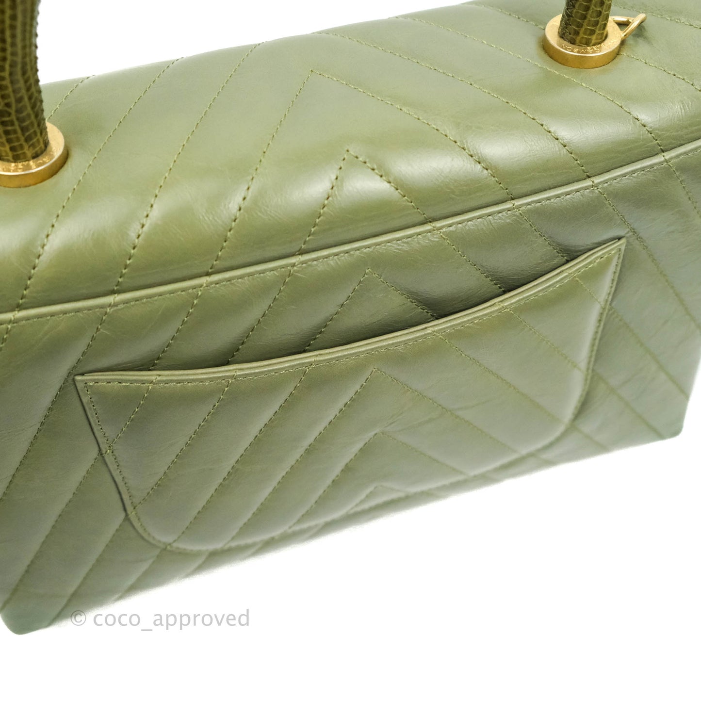 Chanel Medium (Small) Chevron Coco Handle Flap Olive Crumpled Calfskin Aged Gold Hardware Lizard Handle