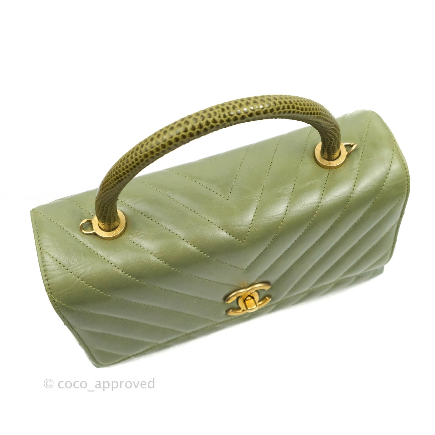 Chanel Medium (Small) Chevron Coco Handle Flap Olive Crumpled Calfskin Aged Gold Hardware Lizard Handle