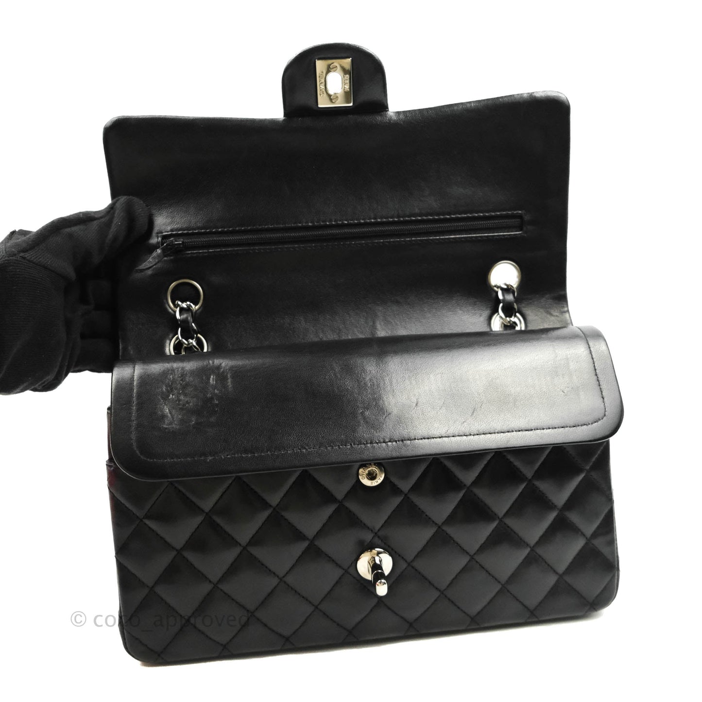 Chanel Classic M/L Medium Double Flap Black Lambskin Silver Hardware