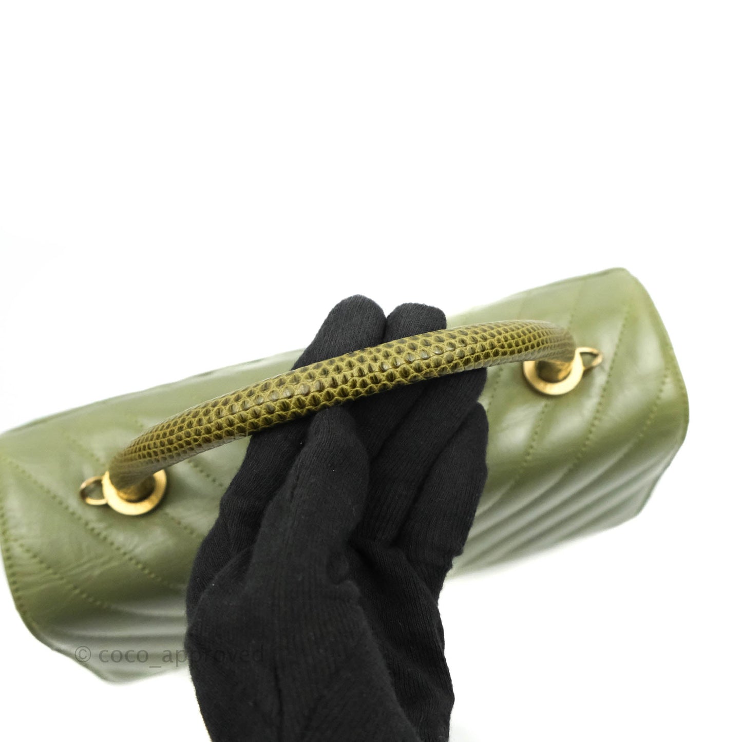 Chanel Medium (Small) Chevron Coco Handle Flap Olive Crumpled Calfskin Aged Gold Hardware Lizard Handle