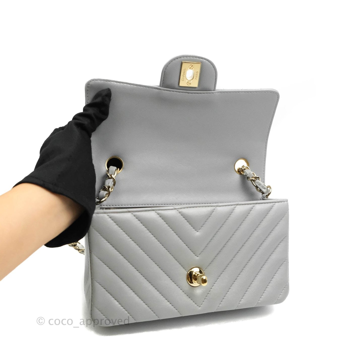 Chanel Chevron Mini Rectangular Flap Grey Lambskin Gold Hardware 20S