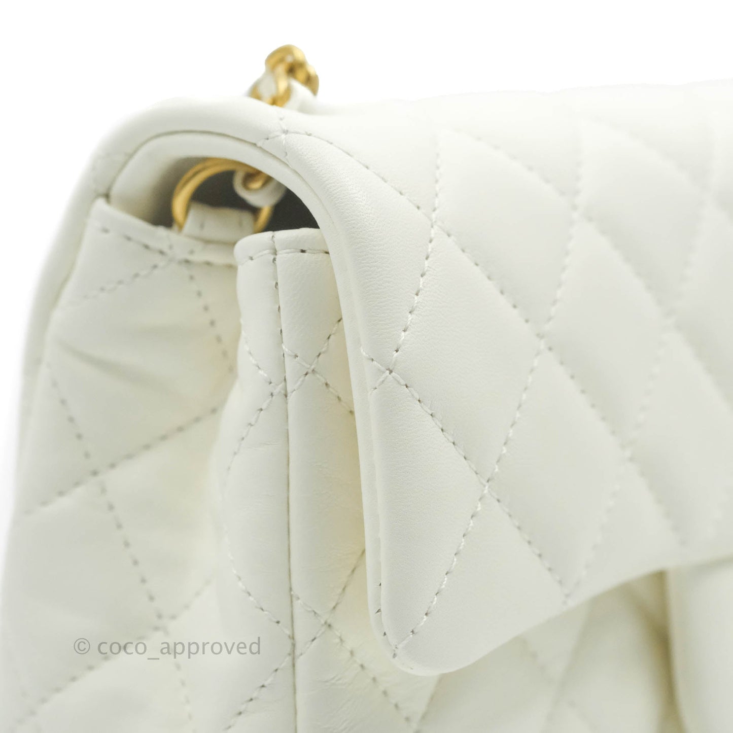 Chanel Mini Rectangular Pearl Crush Quilted White Lambskin Aged Gold Hardware 22C