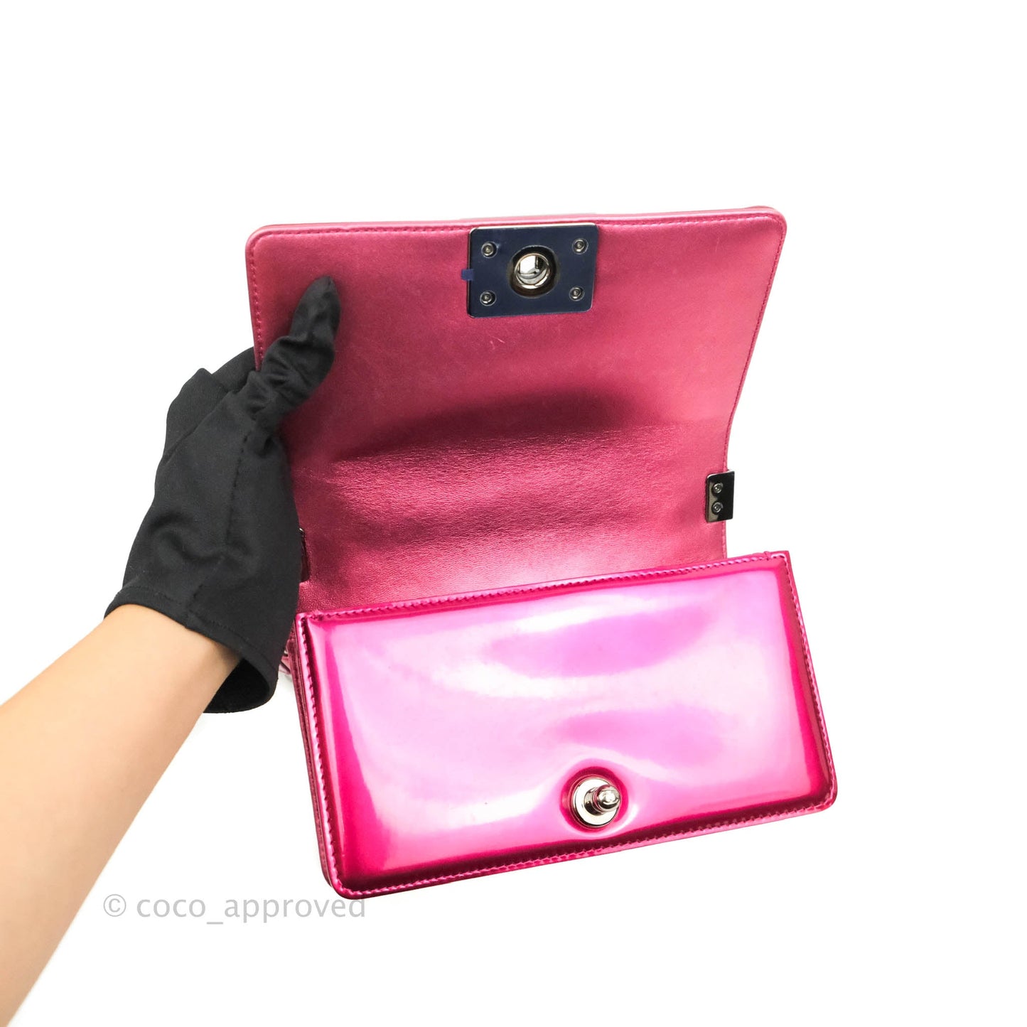 Chanel Quilted Small Boy Metallic Pink Patent & Lambskin Gun Metal