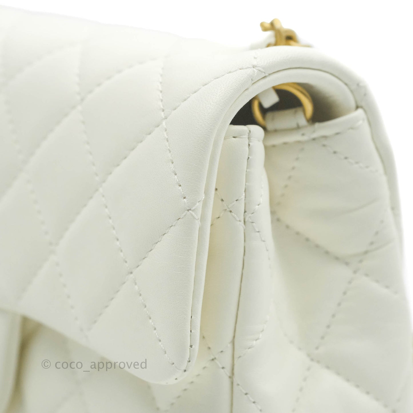 Chanel Mini Rectangular Pearl Crush Quilted White Lambskin Aged Gold Hardware 22C