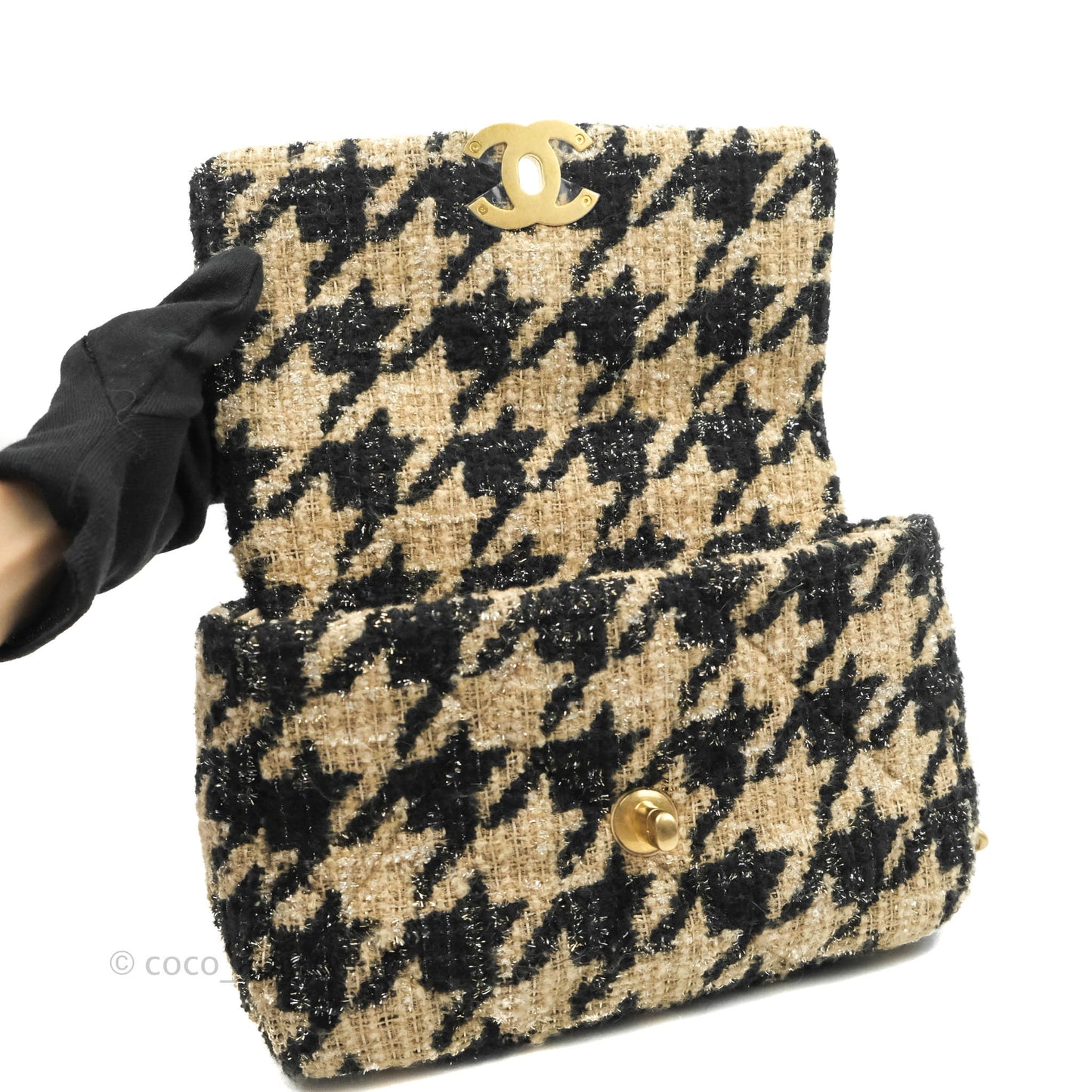 Chanel 19 Small Tweed Houndstooth Black Beige Mixed Hardware
