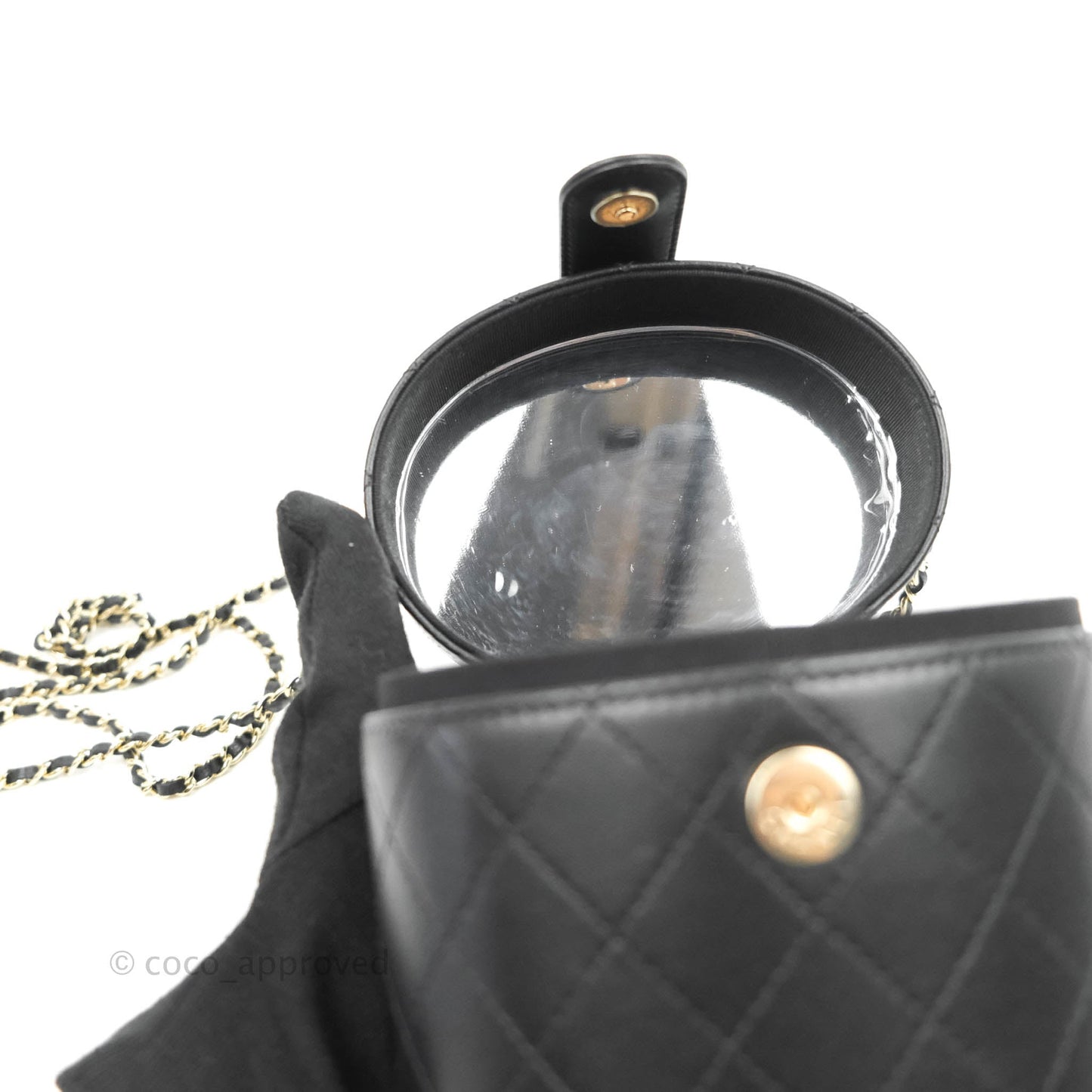 Chanel Quilted Round Vanity Clutch With Chain Black Lambskin Gold Hardware