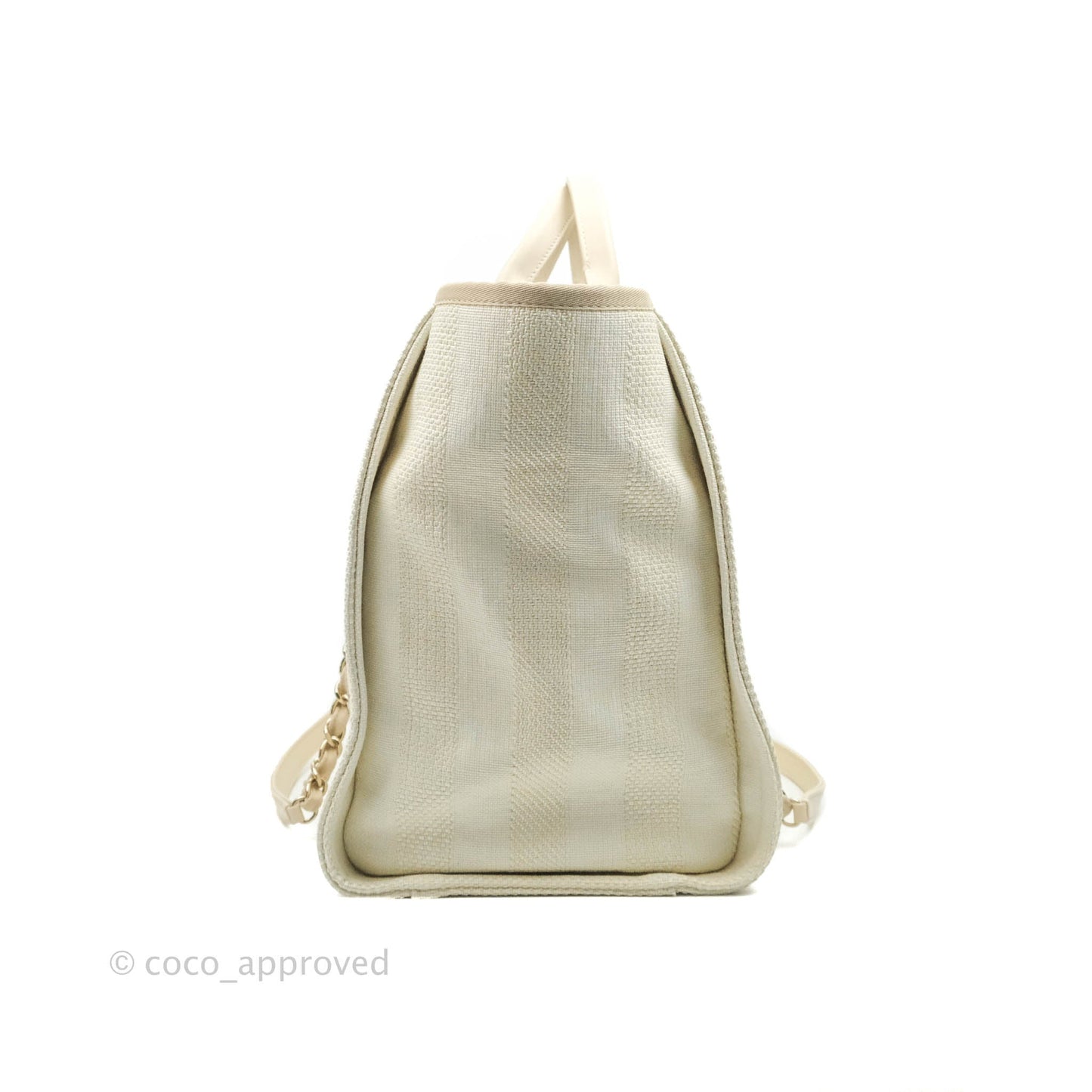 Chanel Large Deauville Light Beige Stripe Canvas Gold Hardware