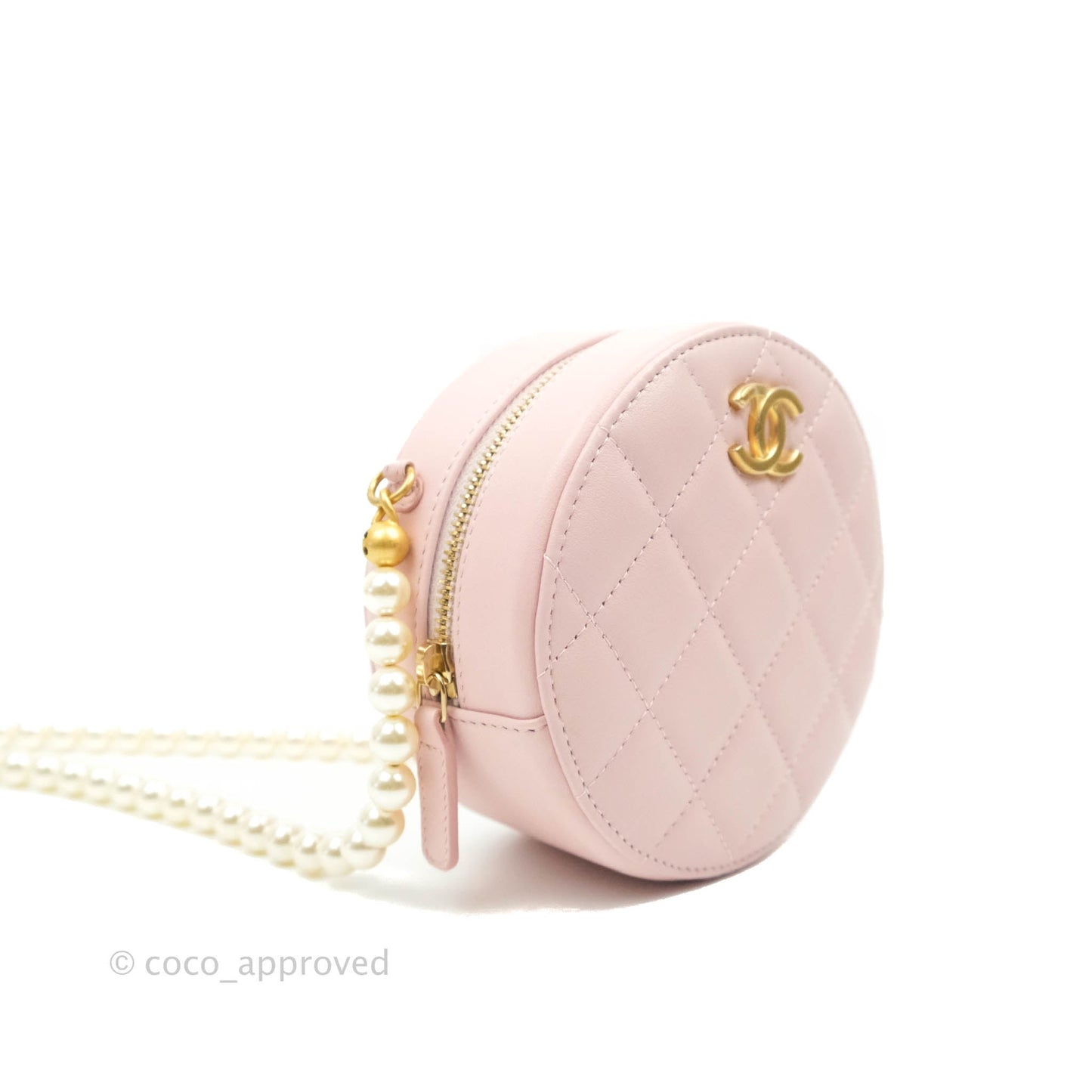 Chanel Quilted Round Clutch with Pearl Chain Light Pink Calfskin Aged Gold Hardware 21S