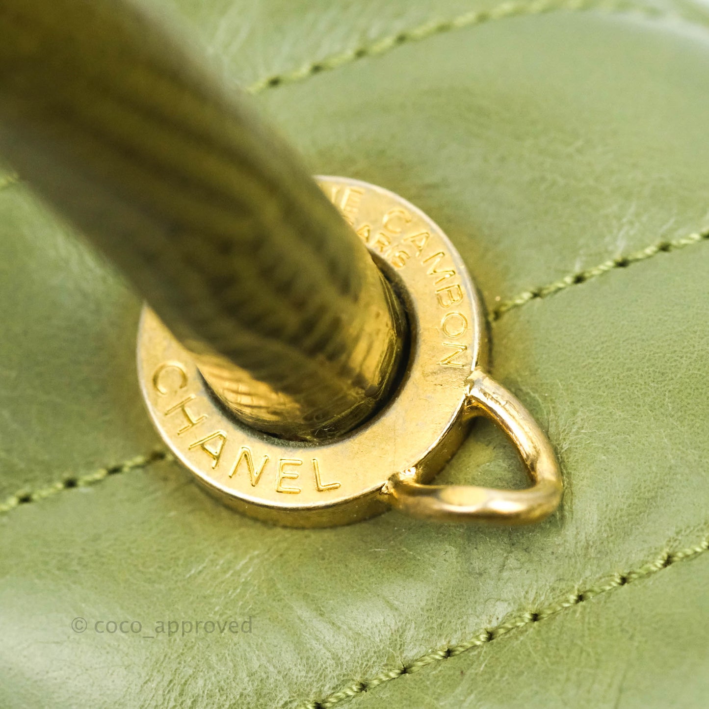 Chanel Medium (Small) Chevron Coco Handle Flap Olive Crumpled Calfskin Aged Gold Hardware Lizard Handle
