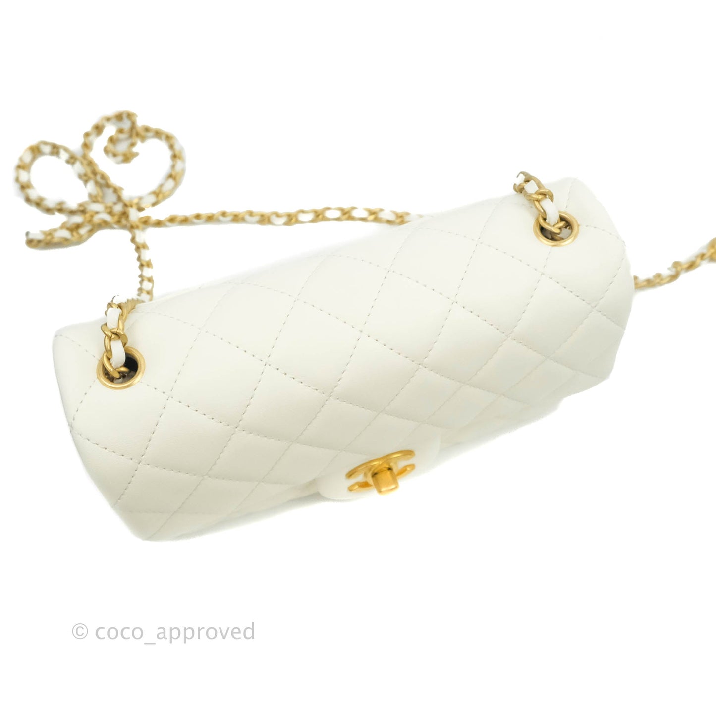 Chanel Mini Rectangular Pearl Crush Quilted White Lambskin Aged Gold Hardware 22C