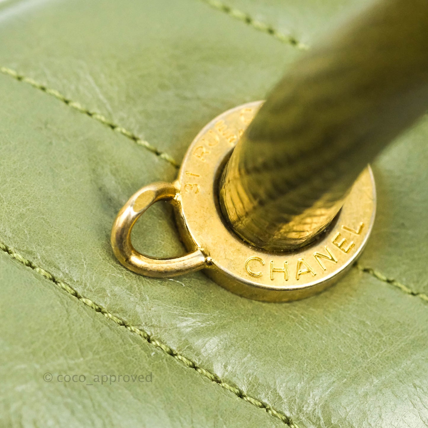 Chanel Medium (Small) Chevron Coco Handle Flap Olive Crumpled Calfskin Aged Gold Hardware Lizard Handle