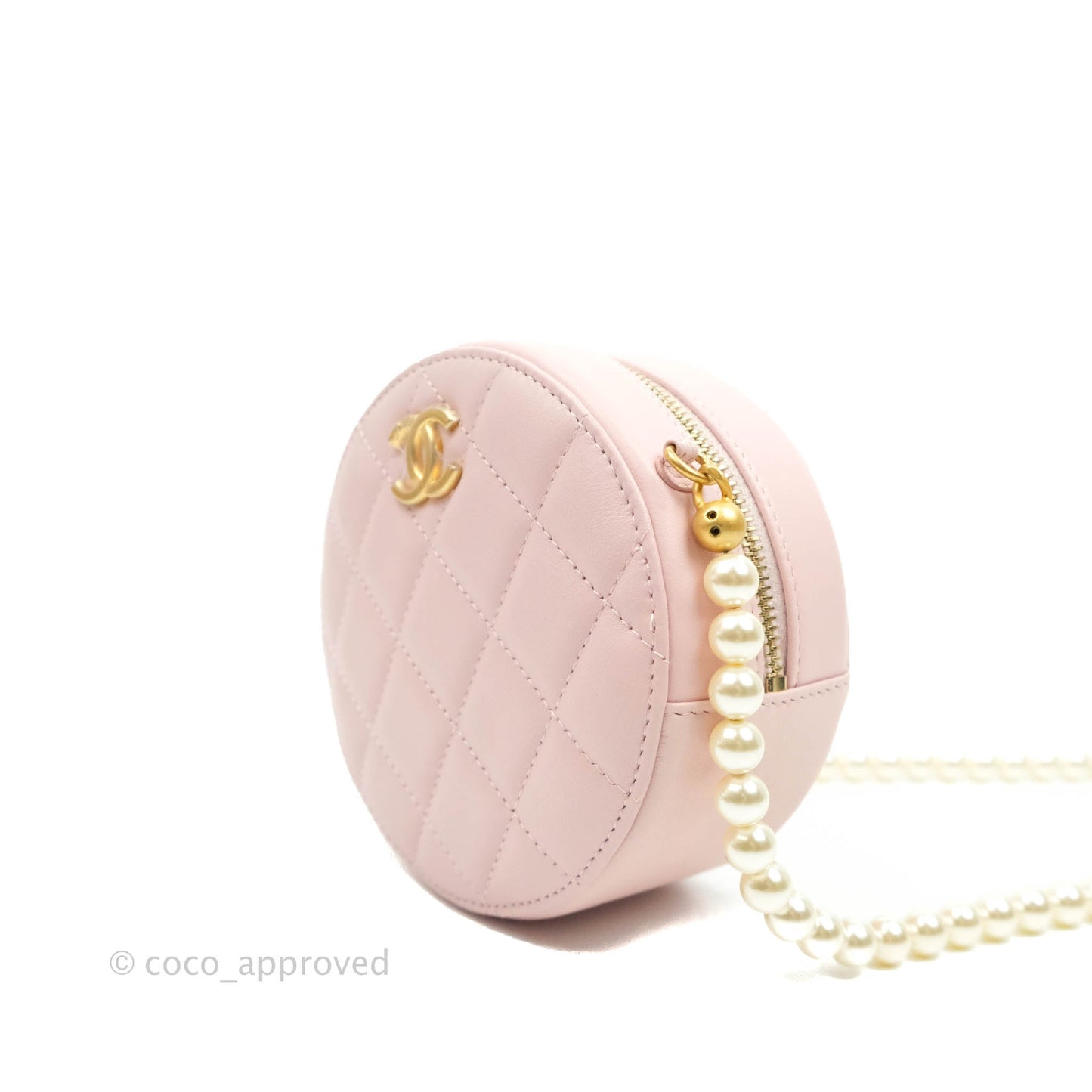 Chanel Quilted Round Clutch with Pearl Chain Light Pink Calfskin Aged Gold Hardware 21S