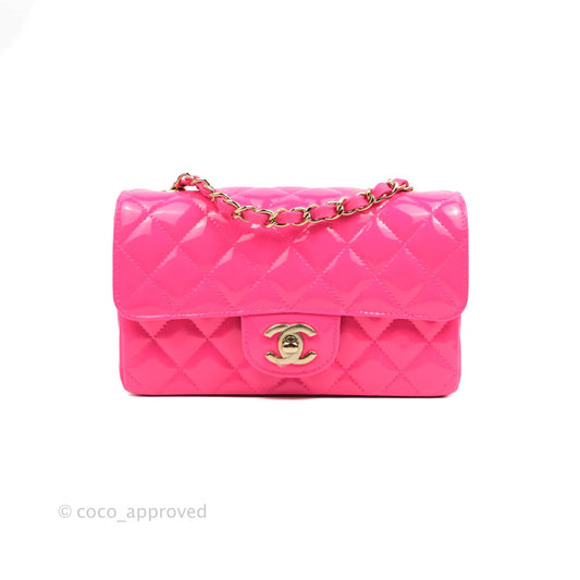 Chanel Mini Rectangular Quilted Neon Pink Patent Gold Hardware