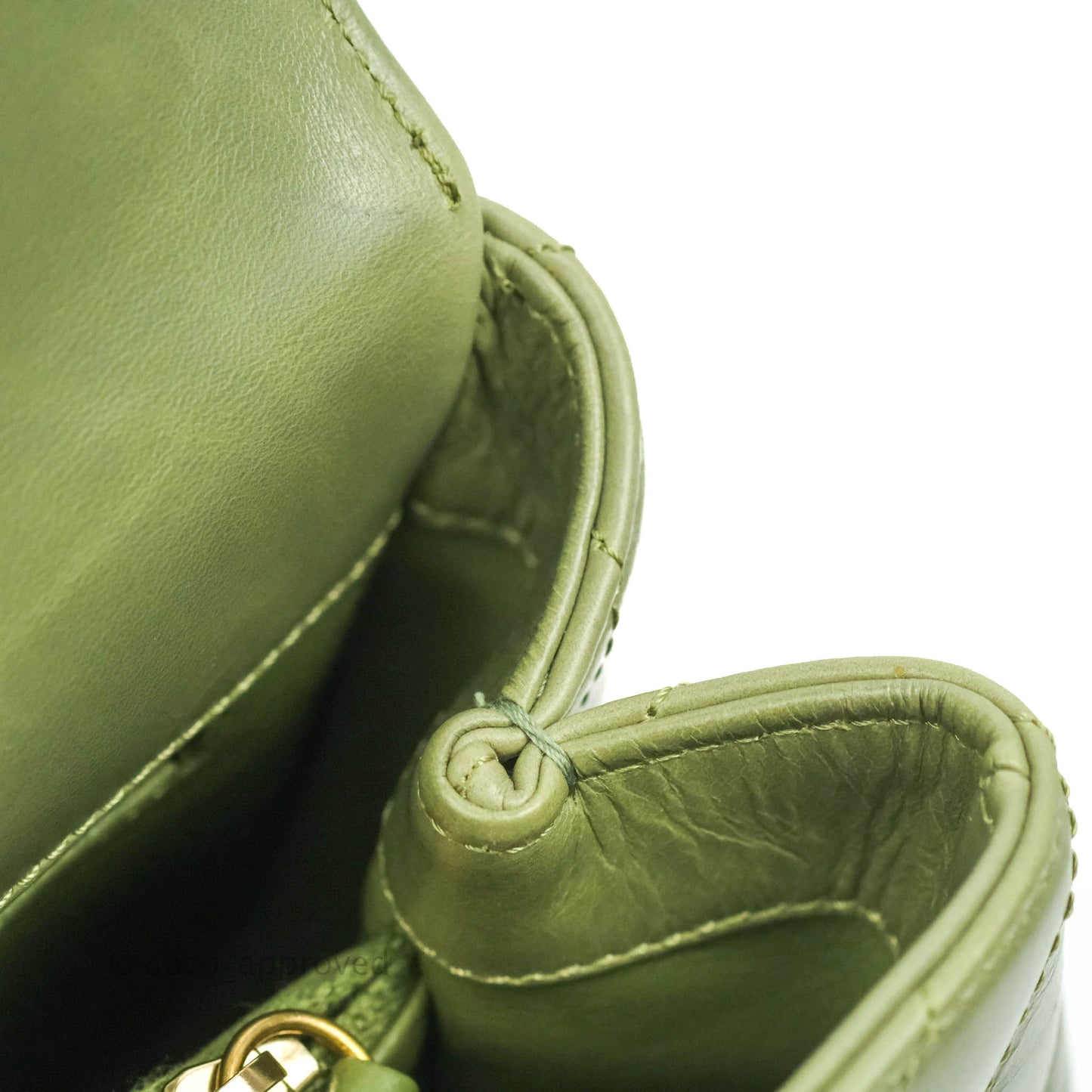 Chanel Medium (Small) Chevron Coco Handle Flap Olive Crumpled Calfskin Aged Gold Hardware Lizard Handle