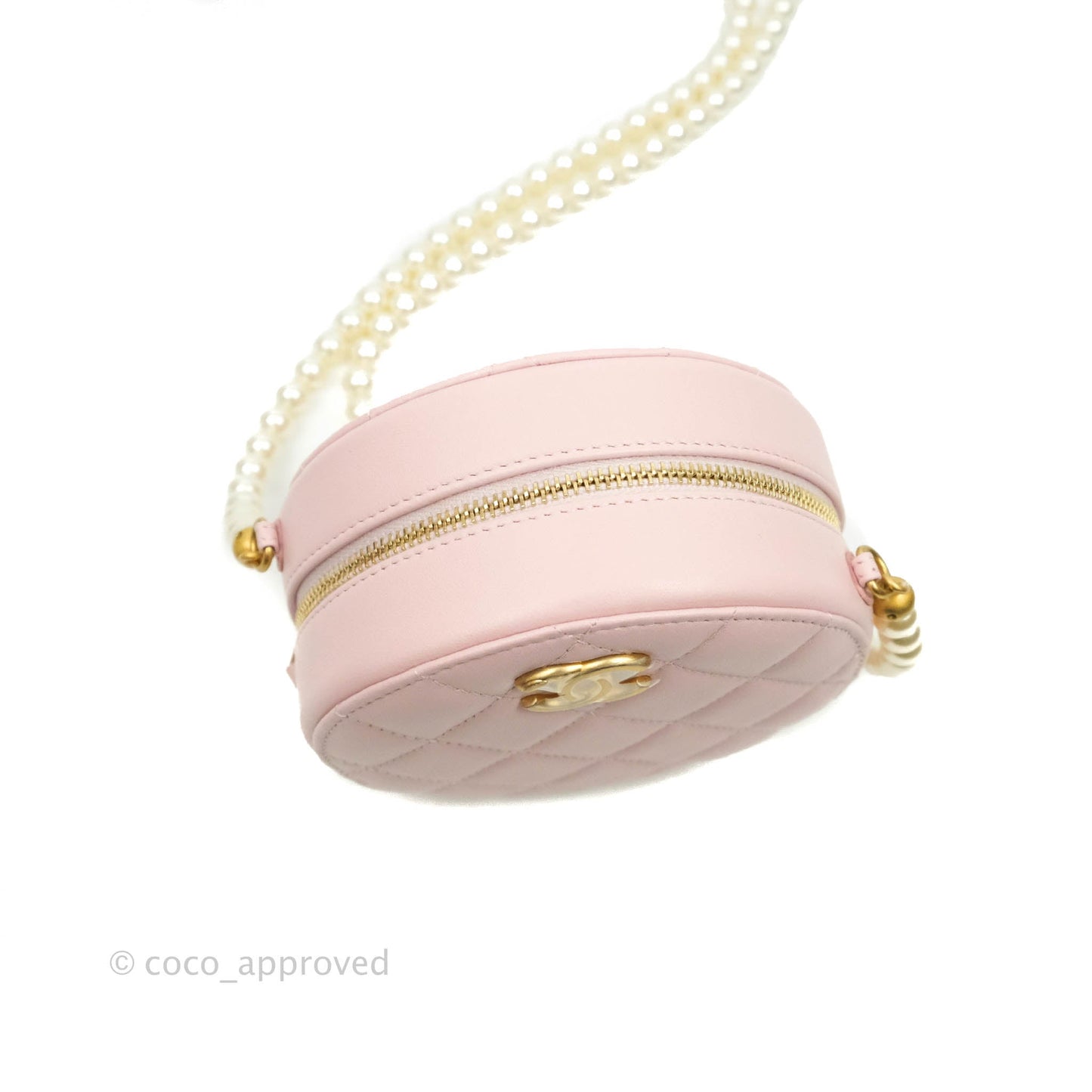 Chanel Quilted Round Clutch with Pearl Chain Light Pink Calfskin Aged Gold Hardware 21S