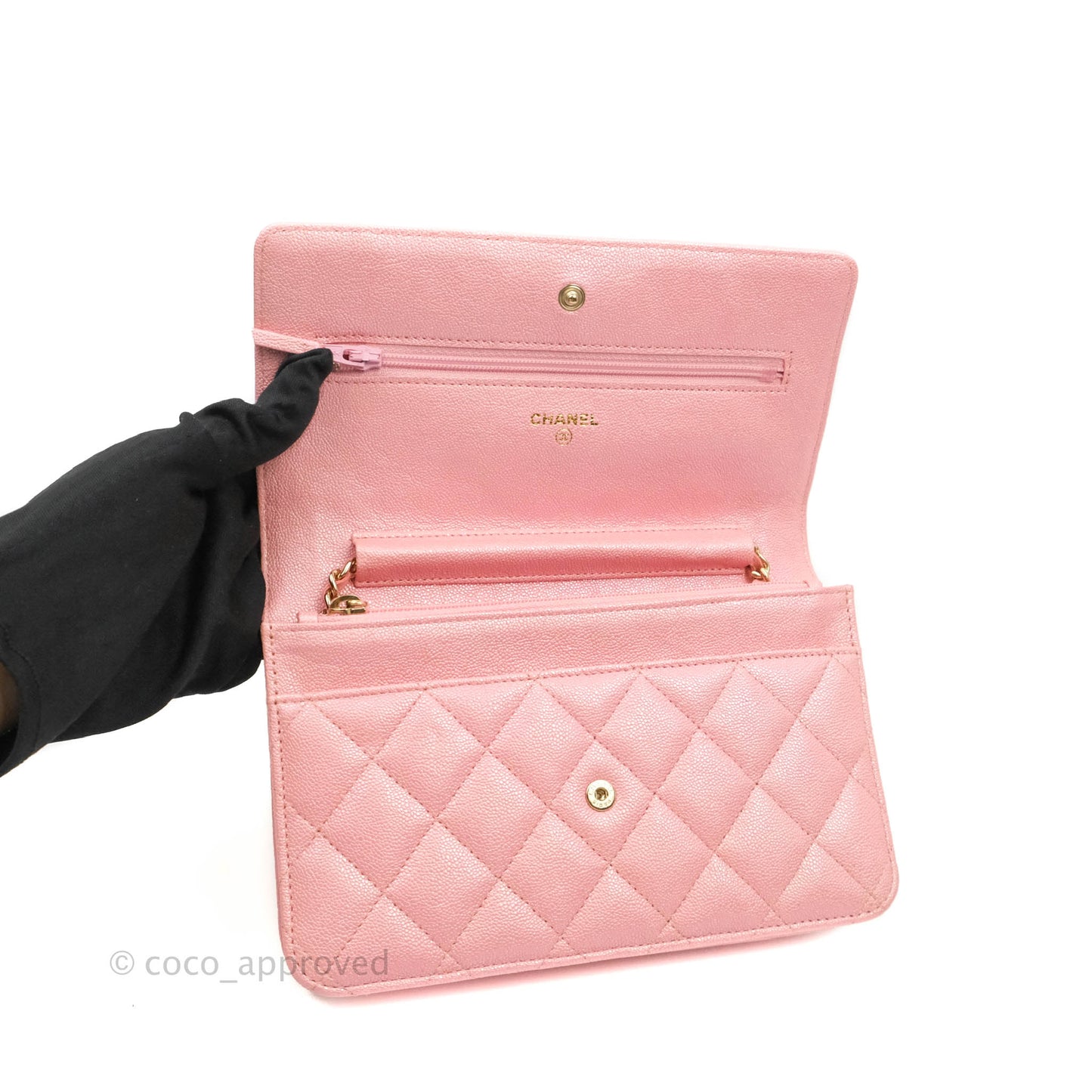 Chanel Quilted Wallet on Chain WOC Iridescent Pink Caviar Gold Hardware 19S
