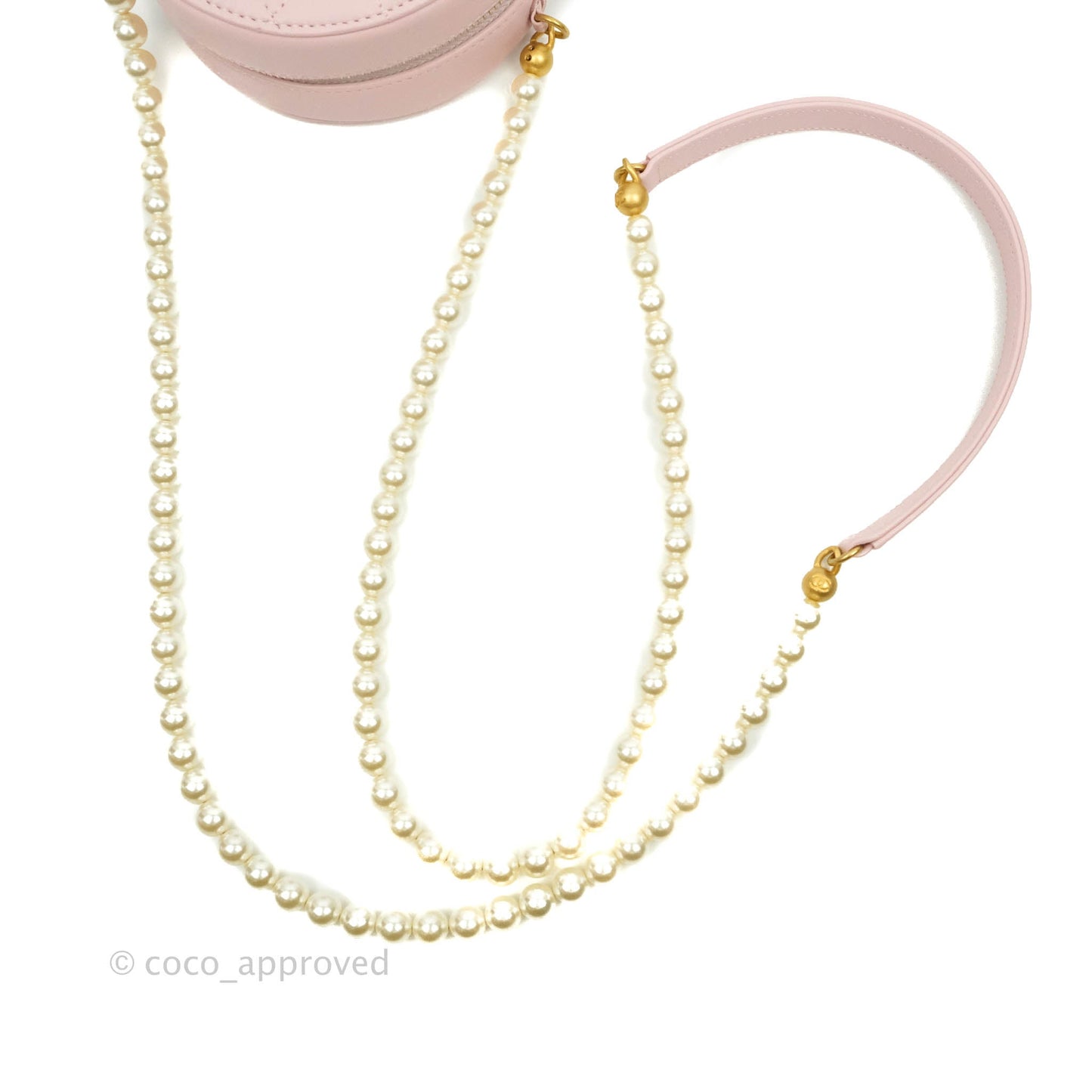 Chanel Quilted Round Clutch with Pearl Chain Light Pink Calfskin Aged Gold Hardware 21S