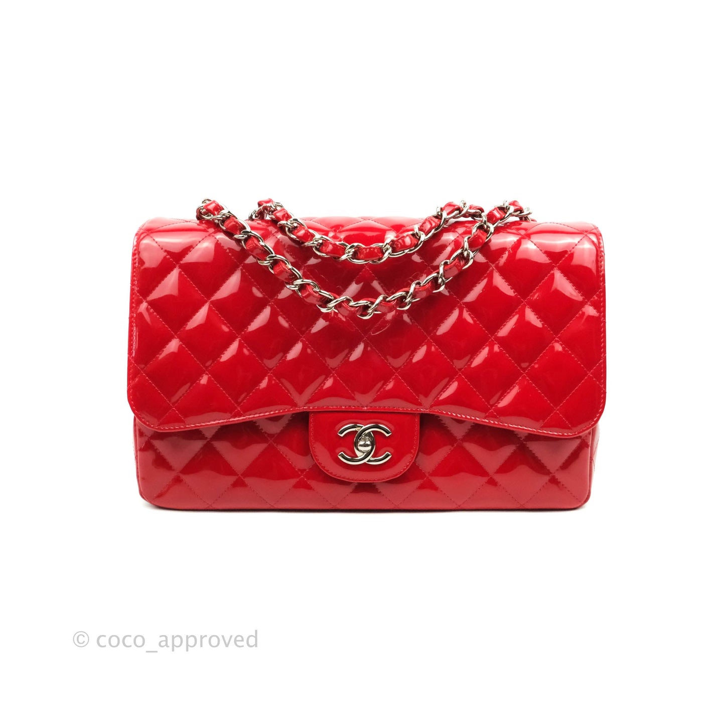 Chanel Quilted Jumbo Red Patent Silver Hardware 10C