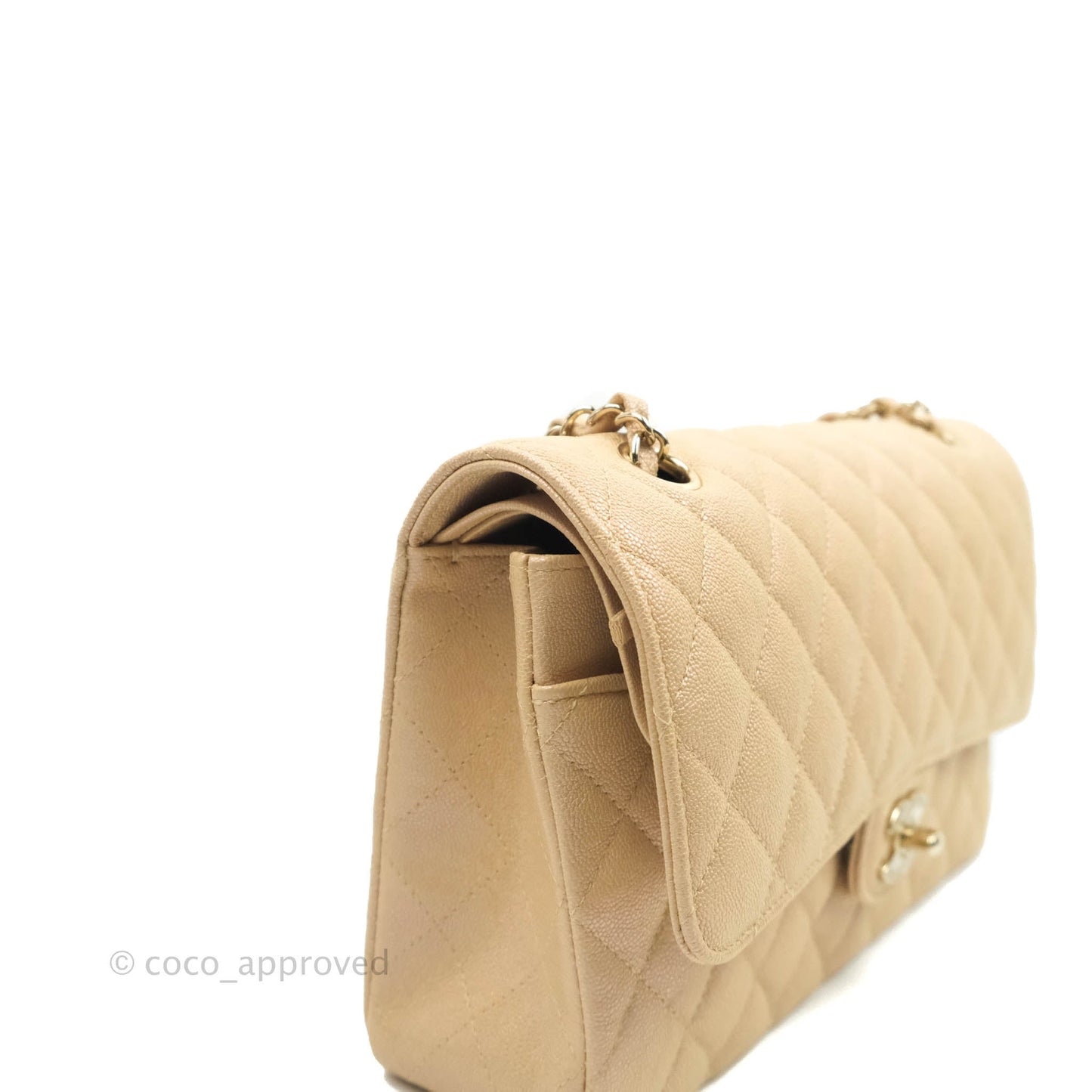 Chanel Classic Medium Flap Quilted Iridescent Beige Caviar Gold Hardware 19S