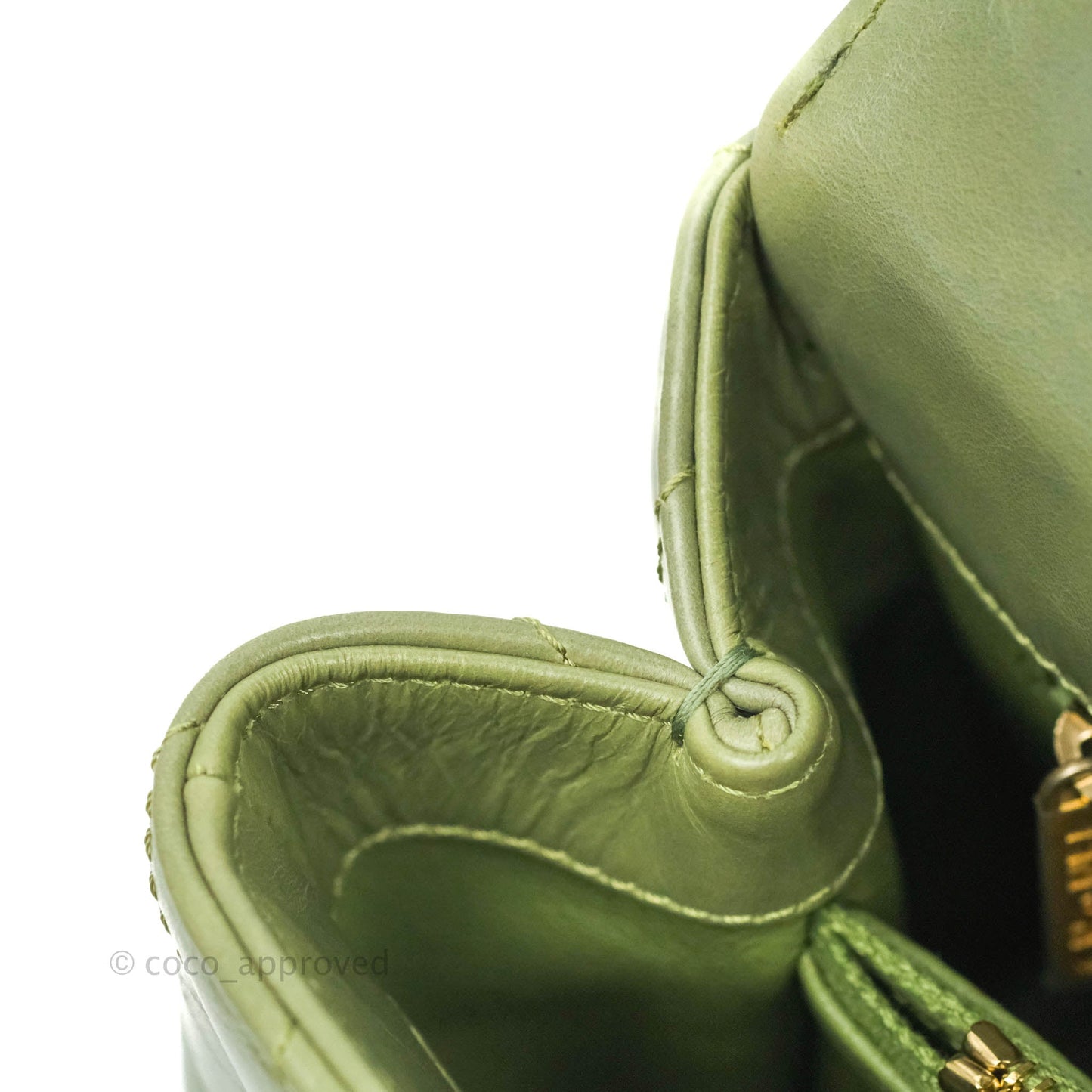 Chanel Medium (Small) Chevron Coco Handle Flap Olive Crumpled Calfskin Aged Gold Hardware Lizard Handle