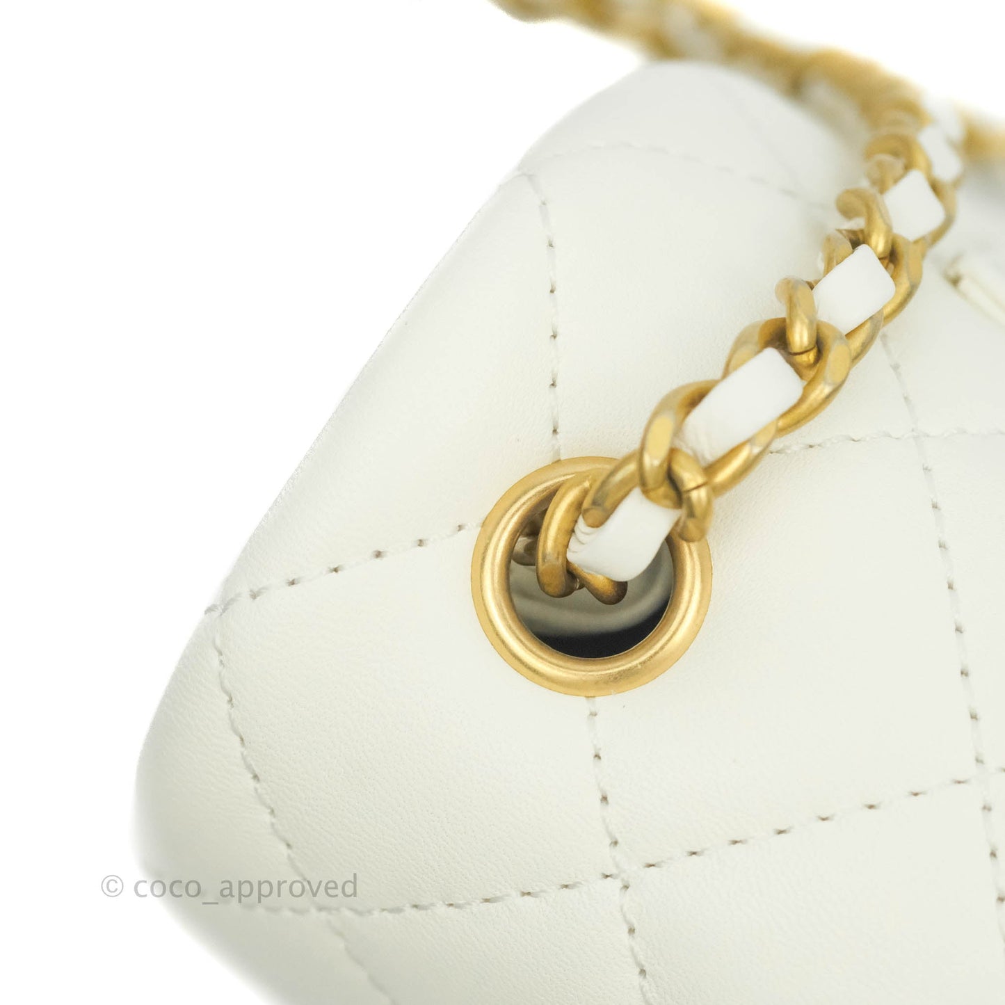 Chanel Mini Rectangular Pearl Crush Quilted White Lambskin Aged Gold Hardware 22C