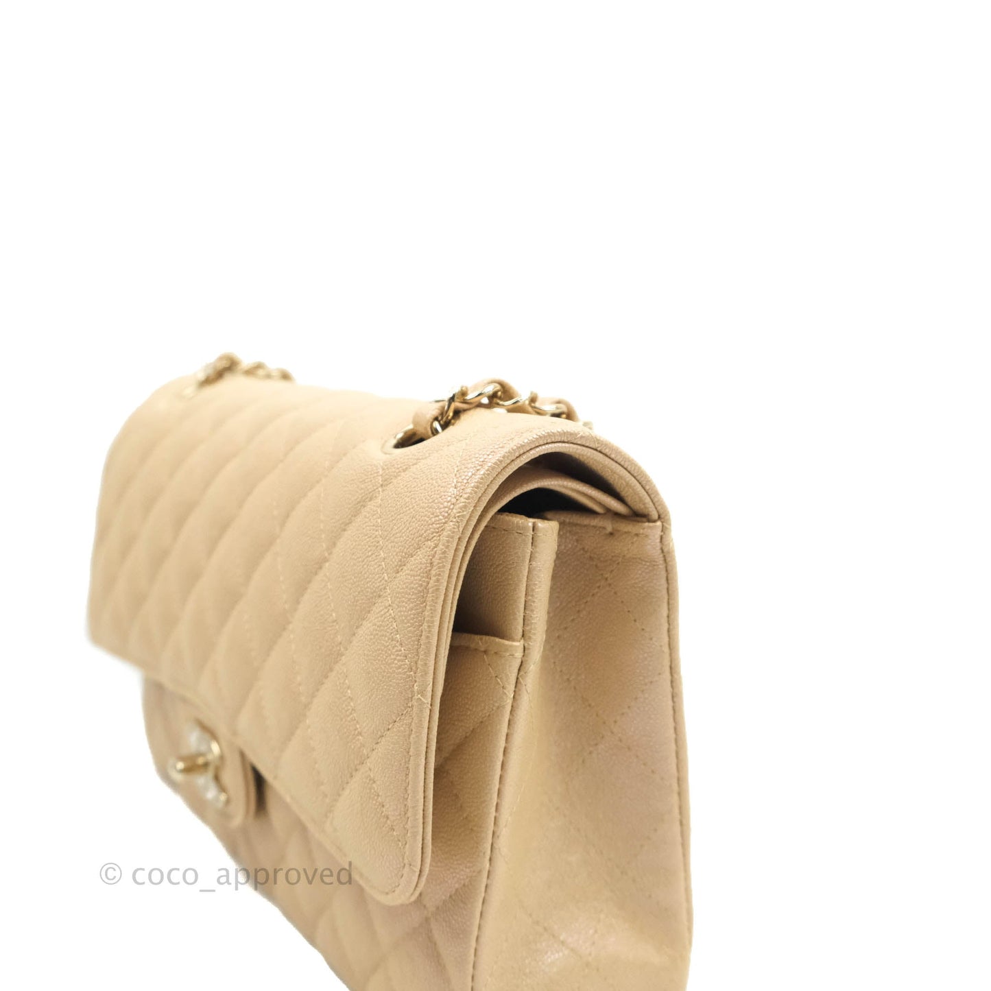 Chanel Classic Medium Flap Quilted Iridescent Beige Caviar Gold Hardware 19S