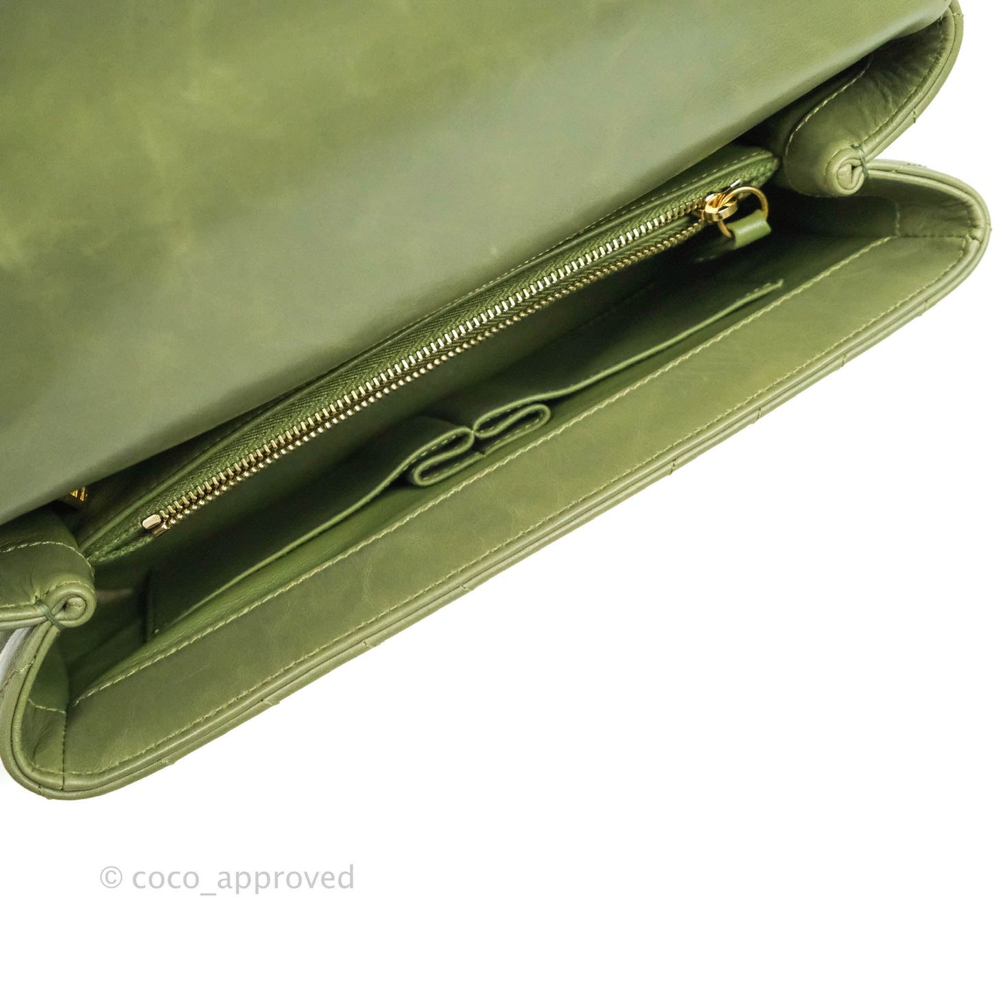 Chanel Medium (Small) Chevron Coco Handle Flap Olive Crumpled Calfskin Aged Gold Hardware Lizard Handle