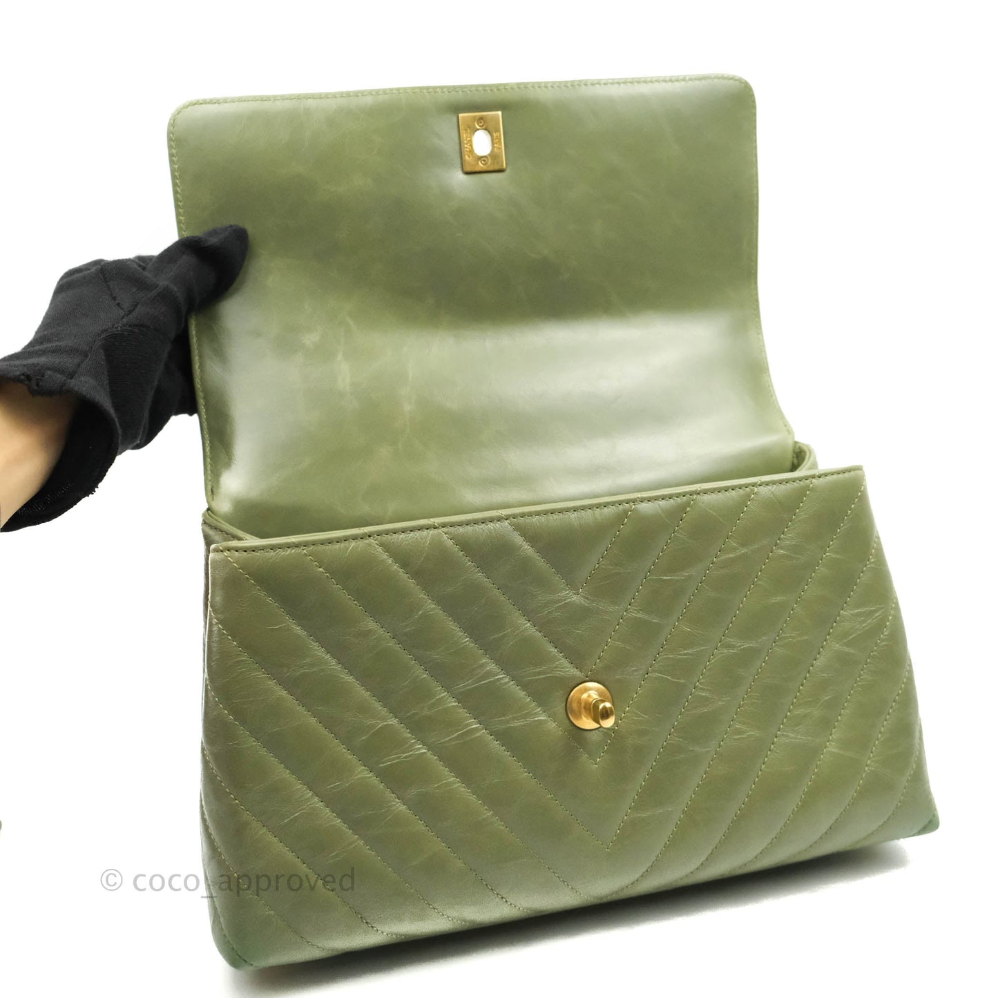 Chanel Medium (Small) Chevron Coco Handle Flap Olive Crumpled Calfskin Aged Gold Hardware Lizard Handle