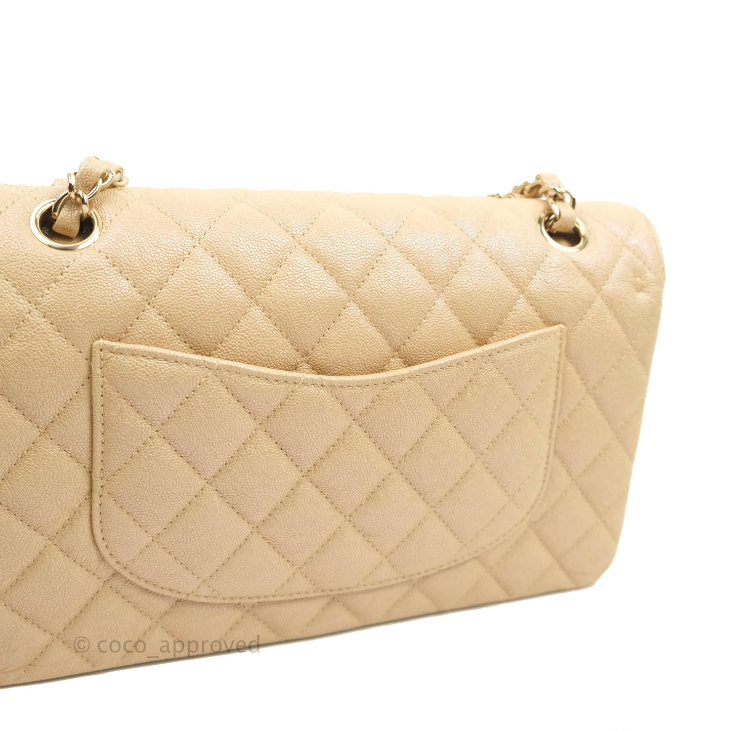 Chanel Classic Medium Flap Quilted Iridescent Beige Caviar Gold Hardware 19S