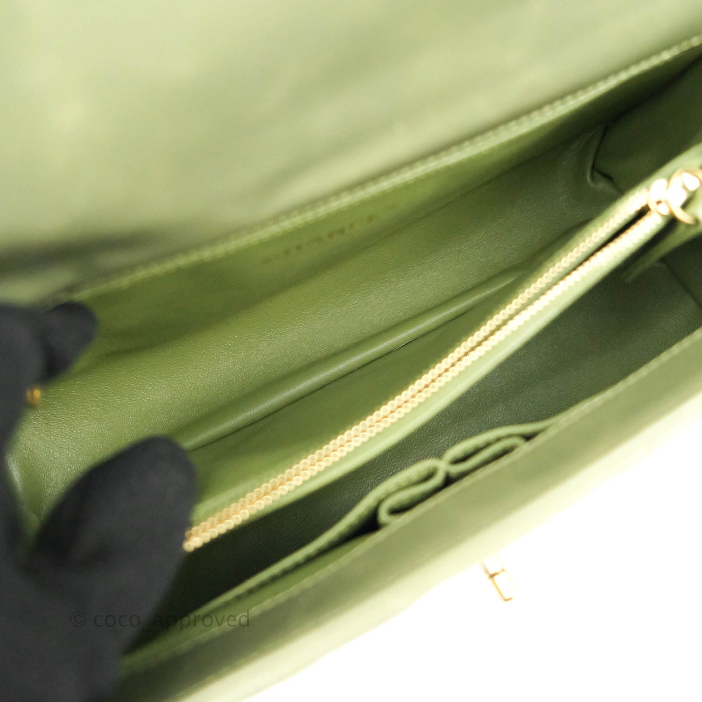 Chanel Medium (Small) Chevron Coco Handle Flap Olive Crumpled Calfskin Aged Gold Hardware Lizard Handle