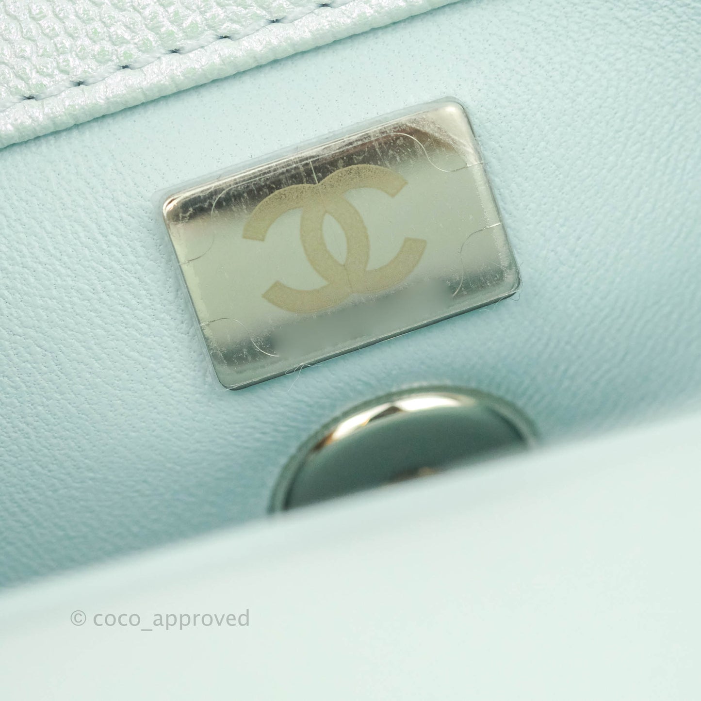 Chanel Mini (Small) Quilted Coco Handle Iridescent Light Blue Caviar Rainbow Hardware
