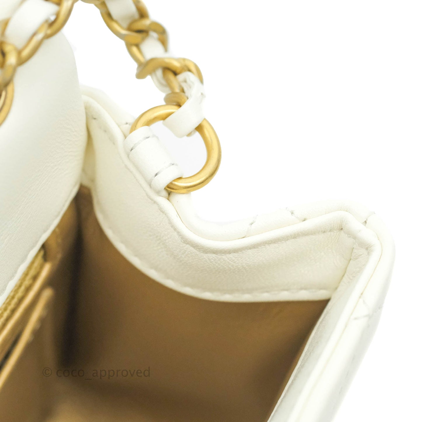 Chanel Mini Rectangular Pearl Crush Quilted White Lambskin Aged Gold Hardware 22C
