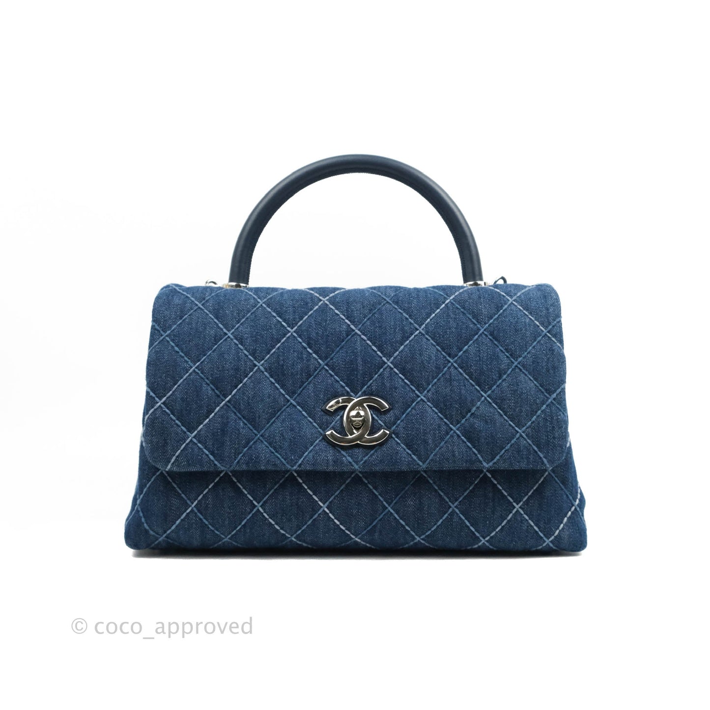 Chanel Medium (Small) Quilted Coco Handle Flap Navy Denim Silver Hardware